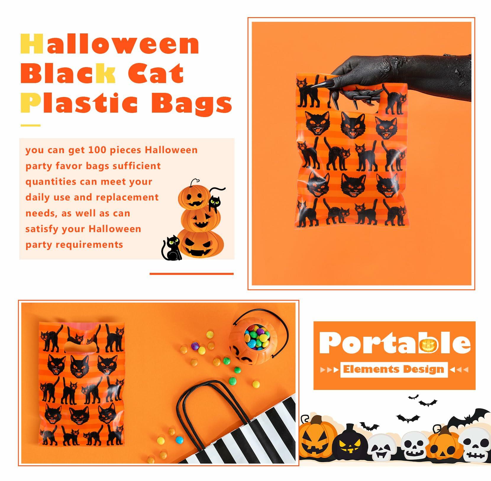 Kolldenn Vintage Halloween Black Cat Gift Bags 7x9.5 Inch 100 Pcs Black Orange