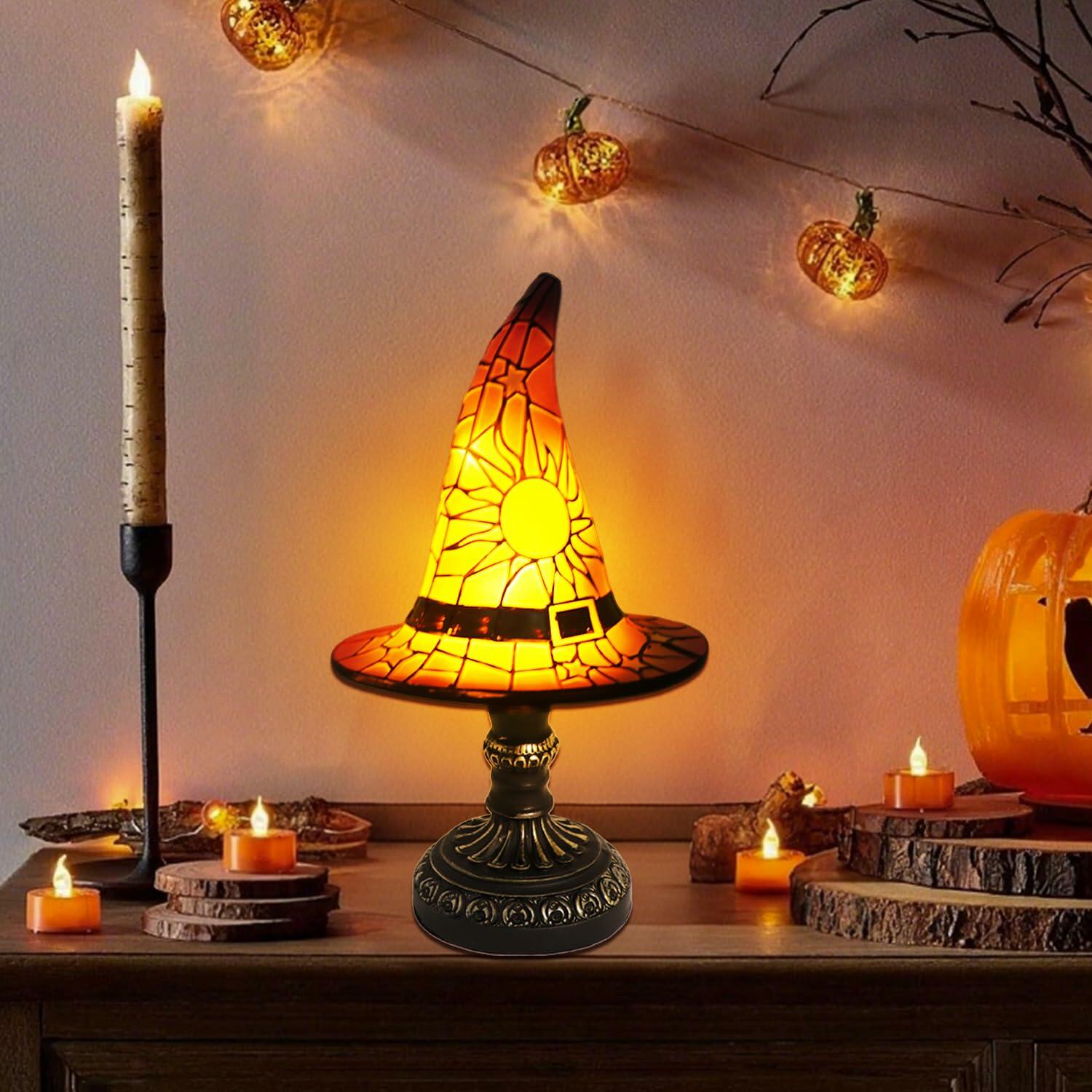 OCPBGMS Witch Hat Lamp Stained Glass Resin Gothic Small White Indoor Decor