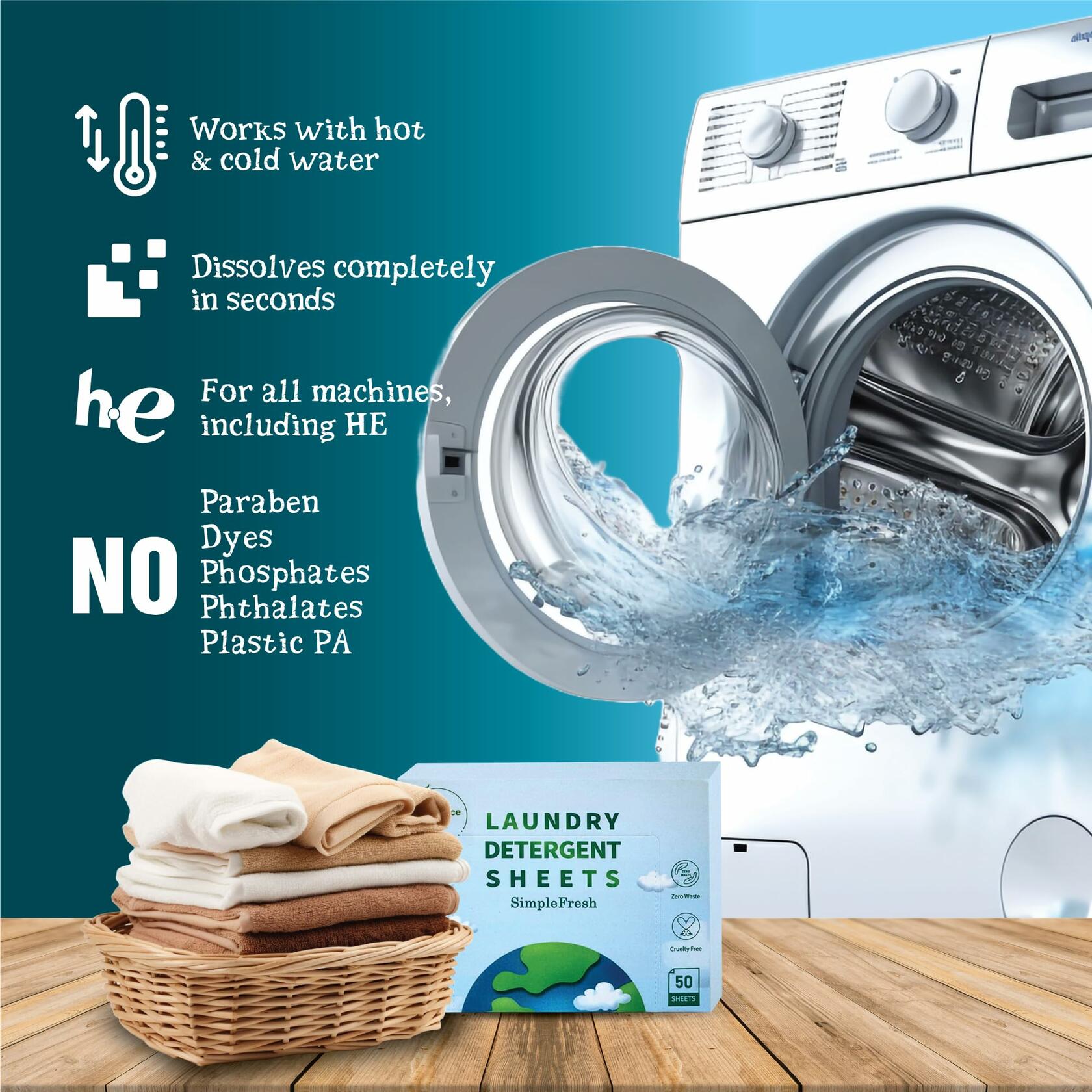 Simple Fresh Laundry Detergent Sheets Fragrance Free 50 Sheets 100 Loads