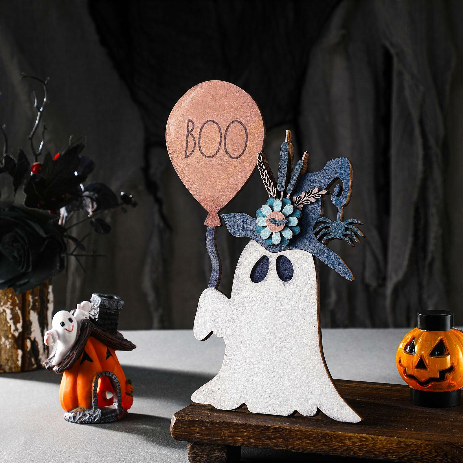 Yousoontic Wooden Halloween Ghost Witch Tabletop Centerpieces 10.63x7.87x0.79in