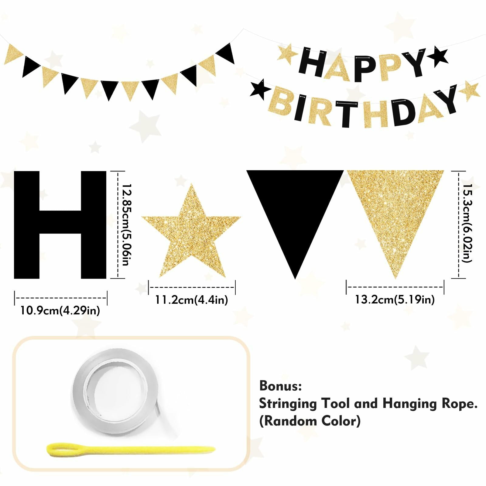 Black and Gold Happy Birthday Banner Pre-Strung Garland for Men Party Decor