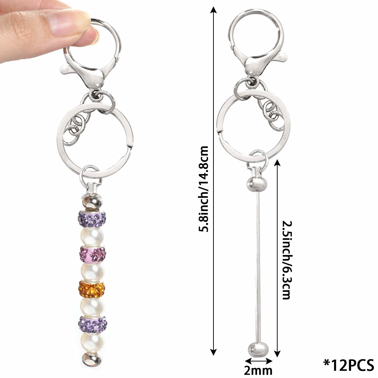 Rthjsfj 12Pcs Beadable Metal Keychain Bars for Beads DIY Craft Kit Silver