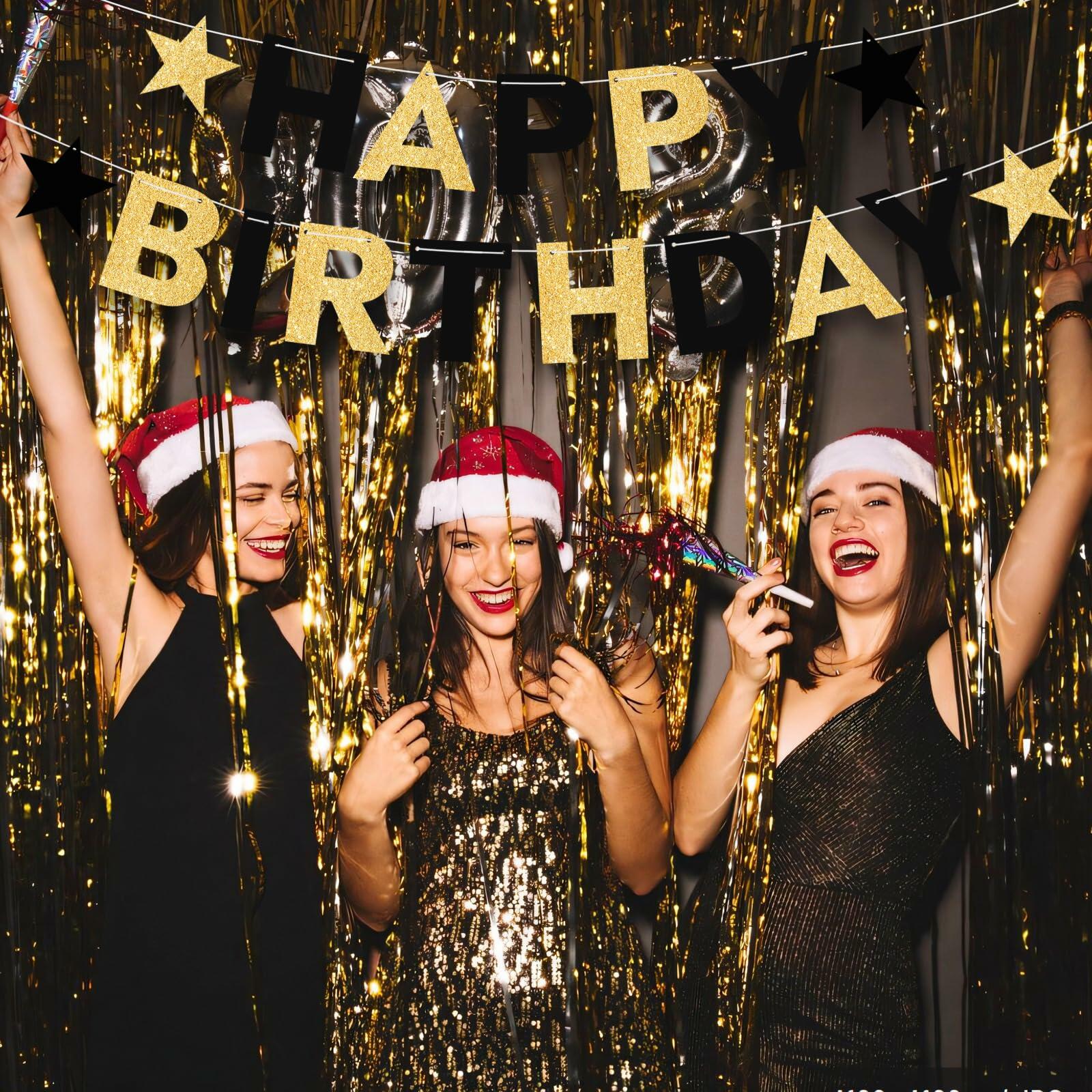 Black and Gold Happy Birthday Banner Pre-Strung Garland for Men Party Decor