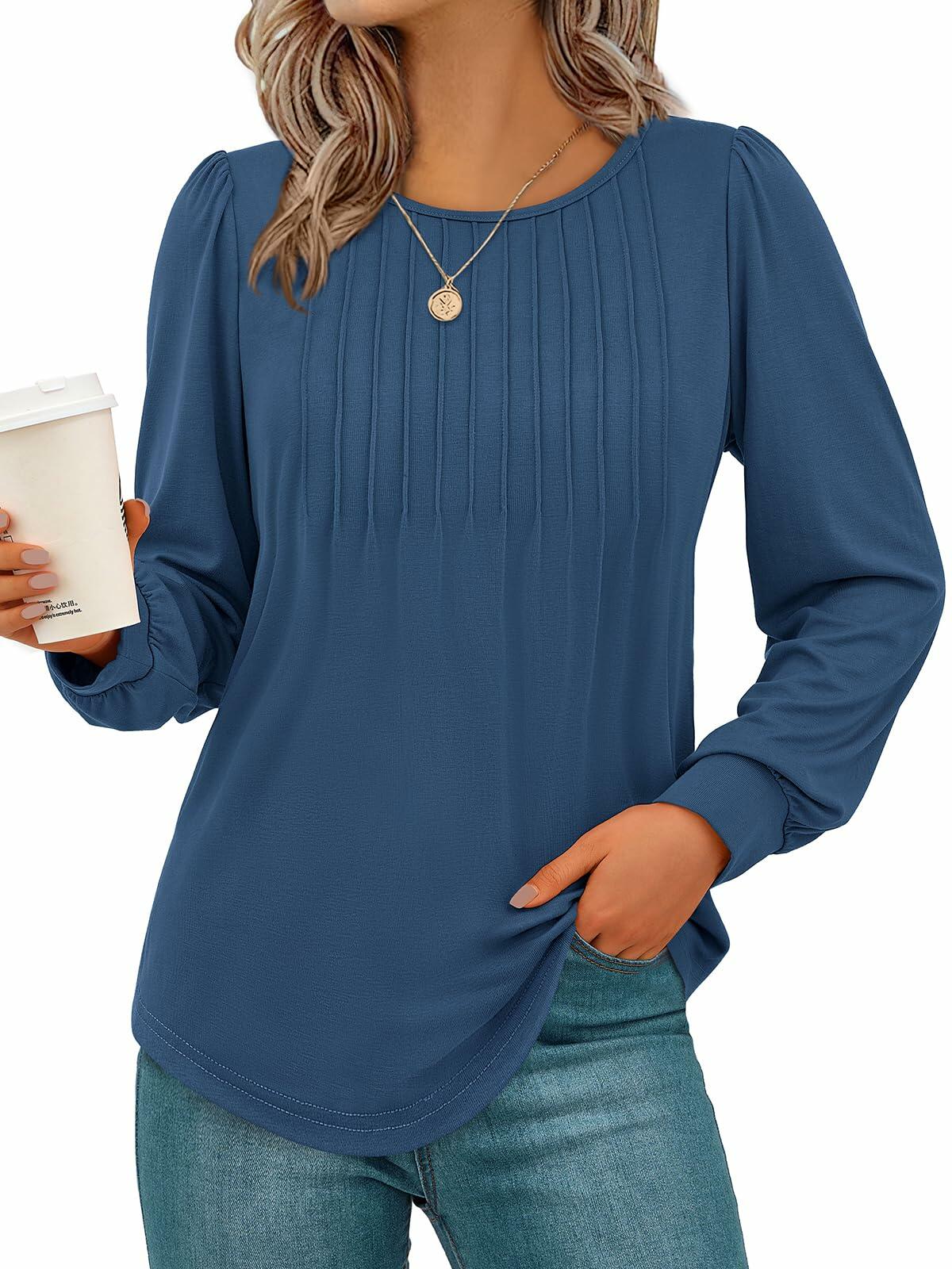 NALANISA Women's Pleated Crew Neck Puff Sleeve Top Blue Grey Size M