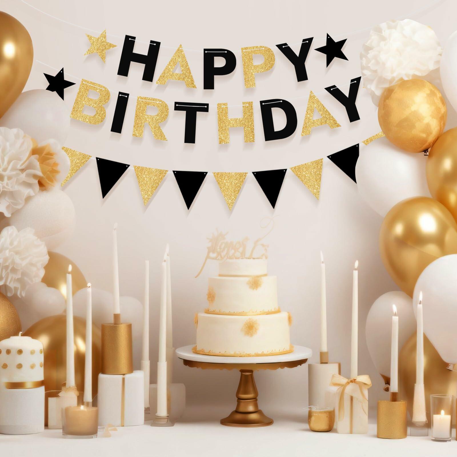 Black and Gold Happy Birthday Banner Pre-Strung Garland for Men Party Decor