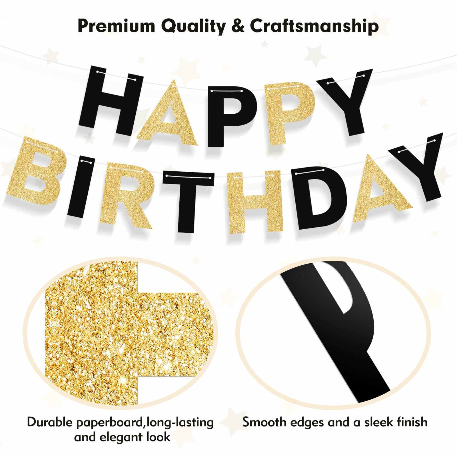 Black and Gold Happy Birthday Banner Pre-Strung Garland for Men Party Decor