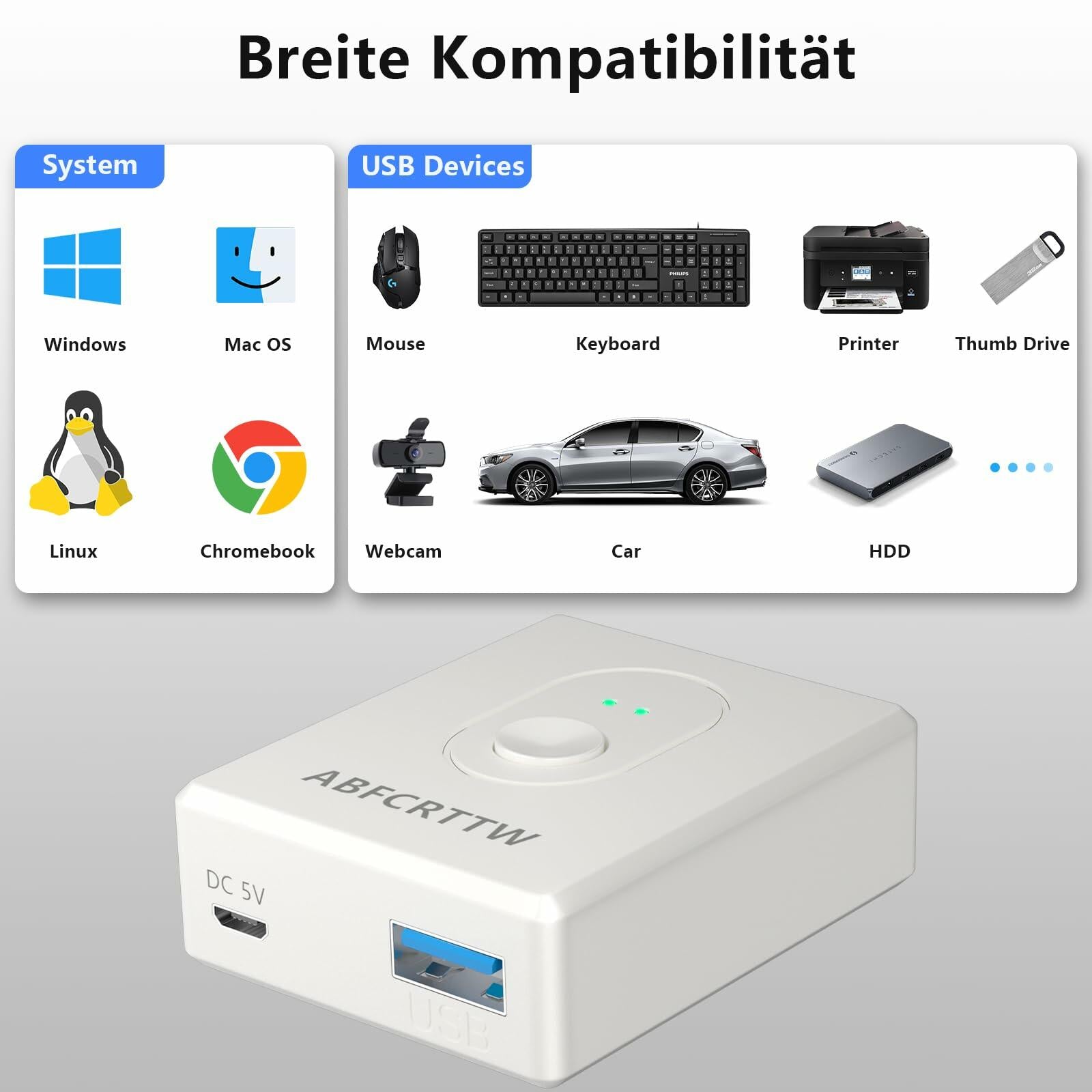 ABFCRTTW USB 3.0 Bi-Directional Switch 2 Computers 1 In 2 Out White