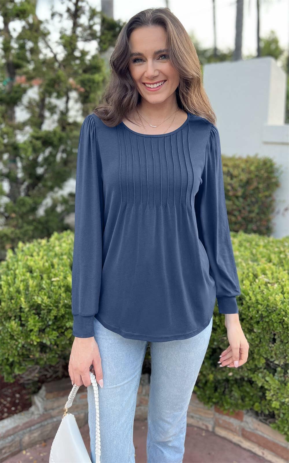 NALANISA Women's Pleated Crew Neck Puff Sleeve Top Blue Grey Size M