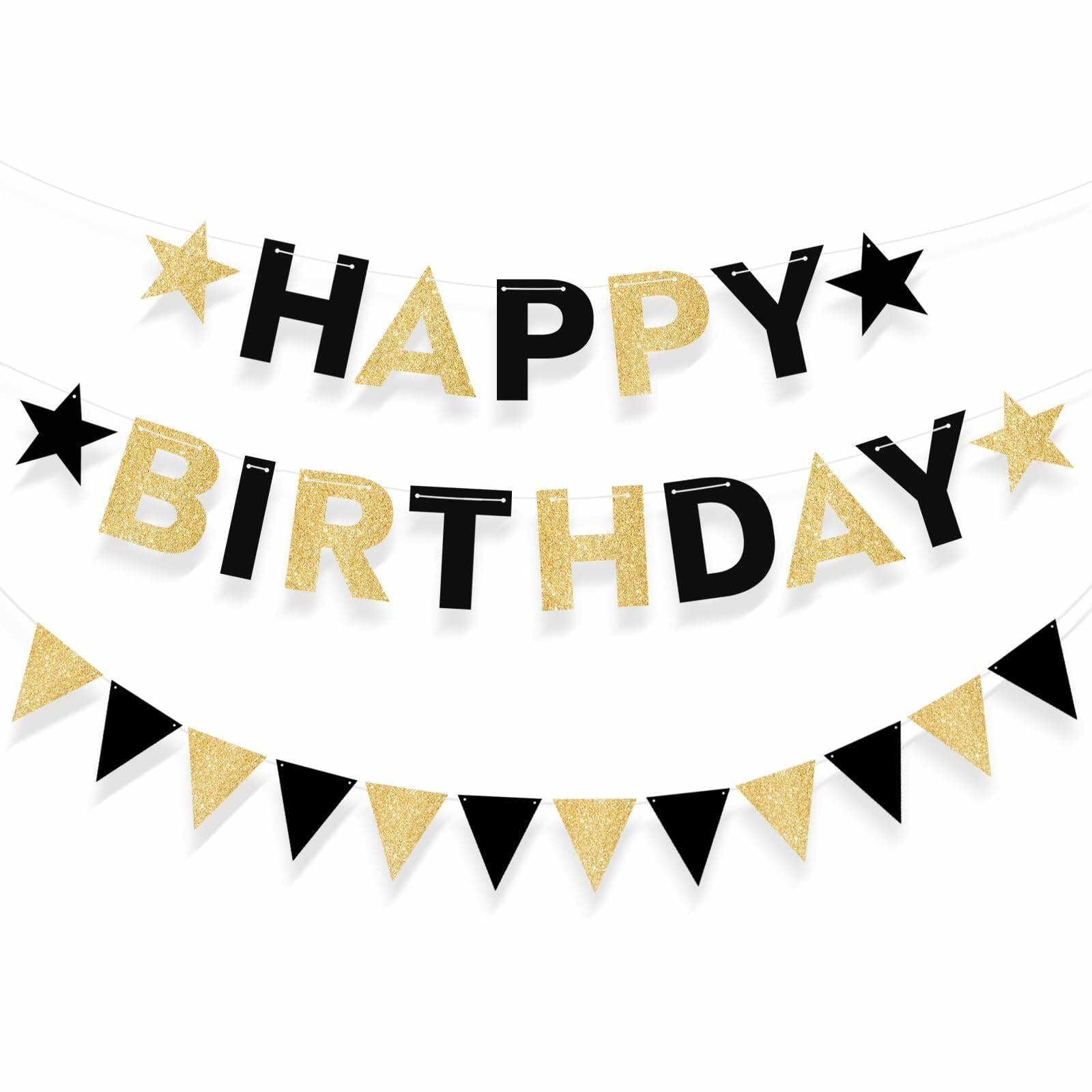 Black and Gold Happy Birthday Banner Pre-Strung Garland for Men Party Decor