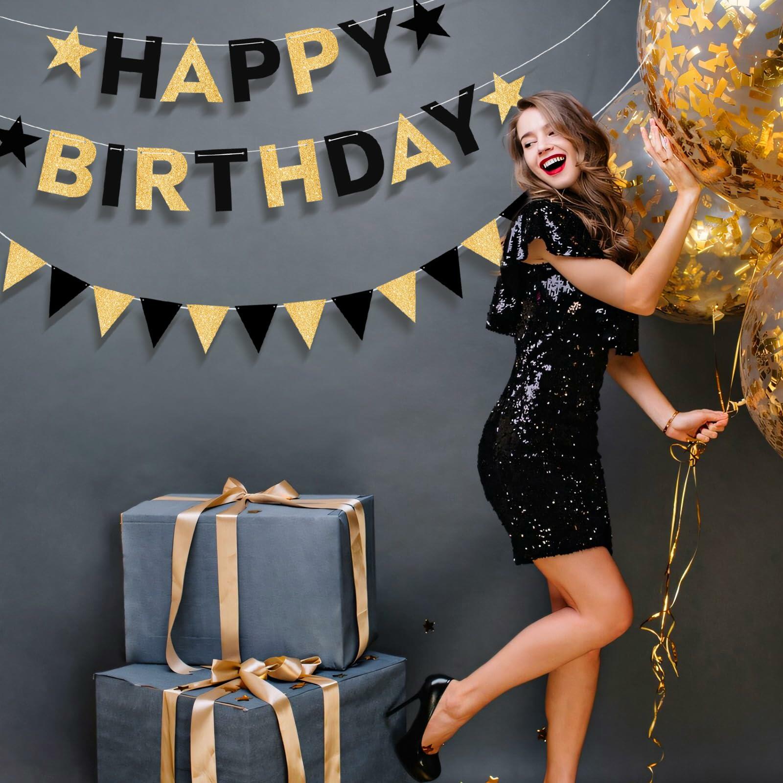 Black and Gold Happy Birthday Banner Pre-Strung Garland for Men Party Decor