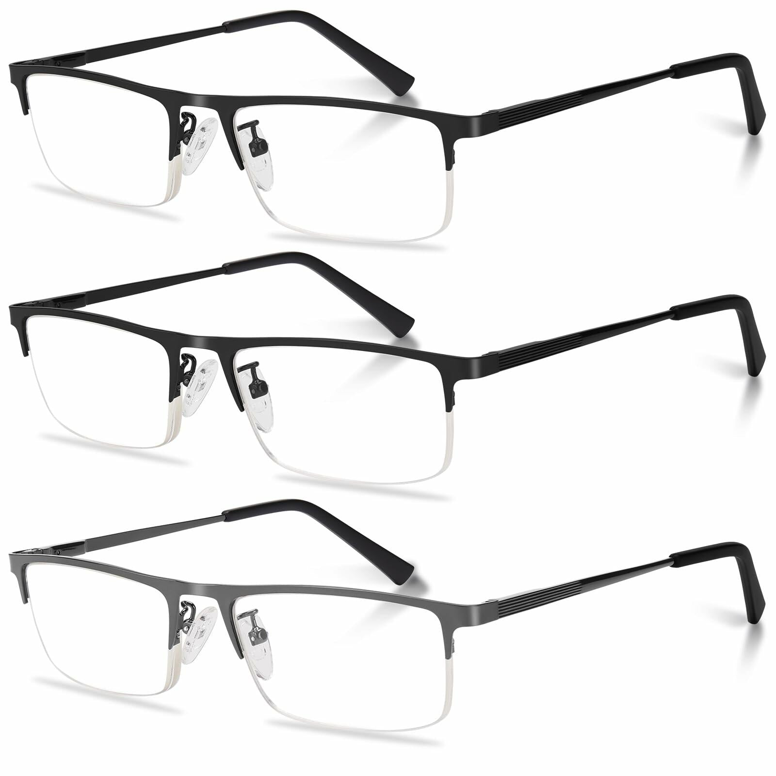 Anourney 3-Pack Men's Reading Glasses +1.5 Blue Light Blocking Metal Frame