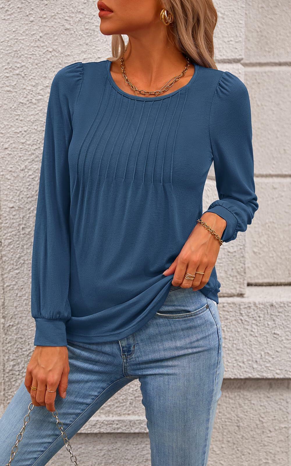 NALANISA Women's Pleated Crew Neck Puff Sleeve Top Blue Grey Size M