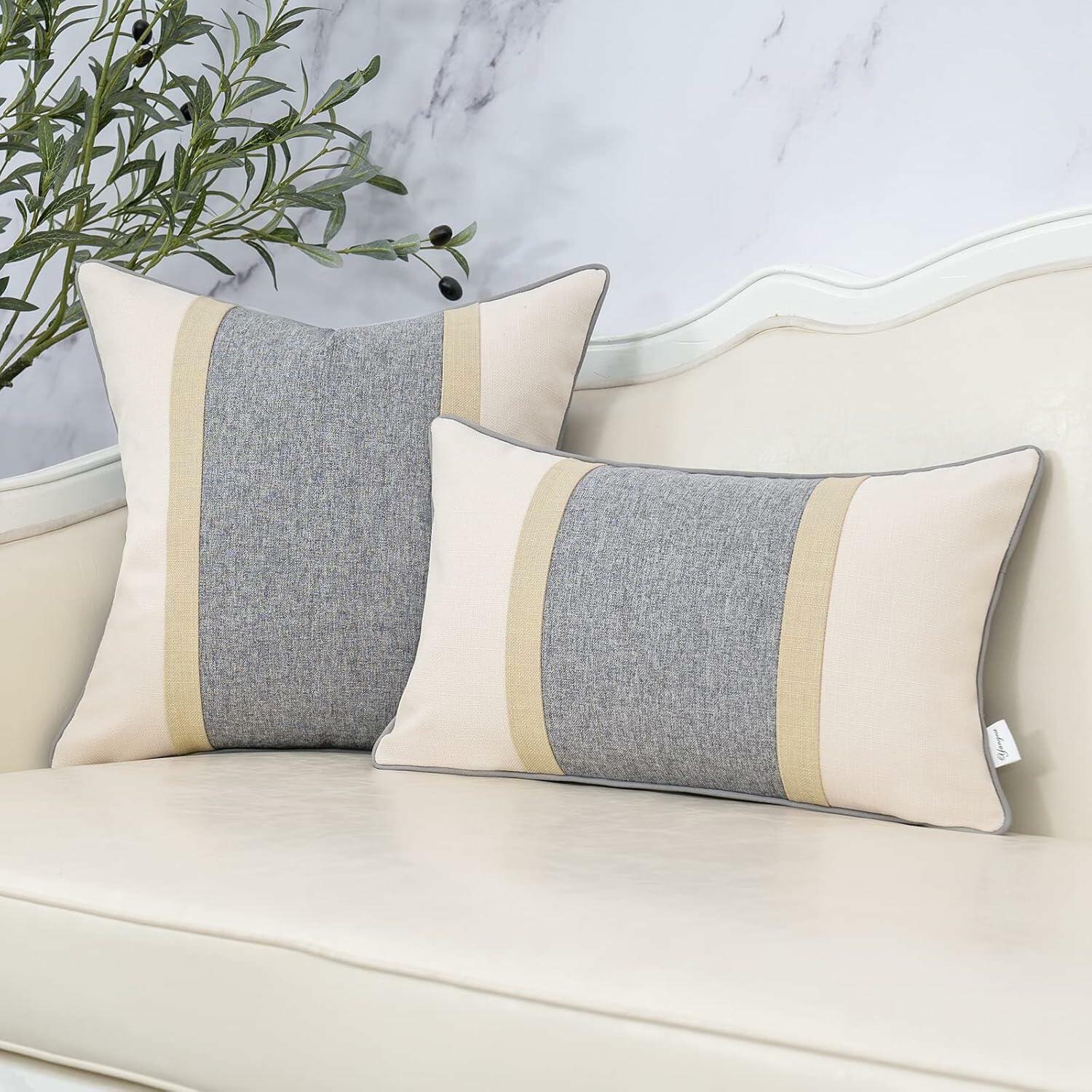 Yangest Patchwork Pillow Cover Luxury Cotton Linen Gray 24x24 Inch