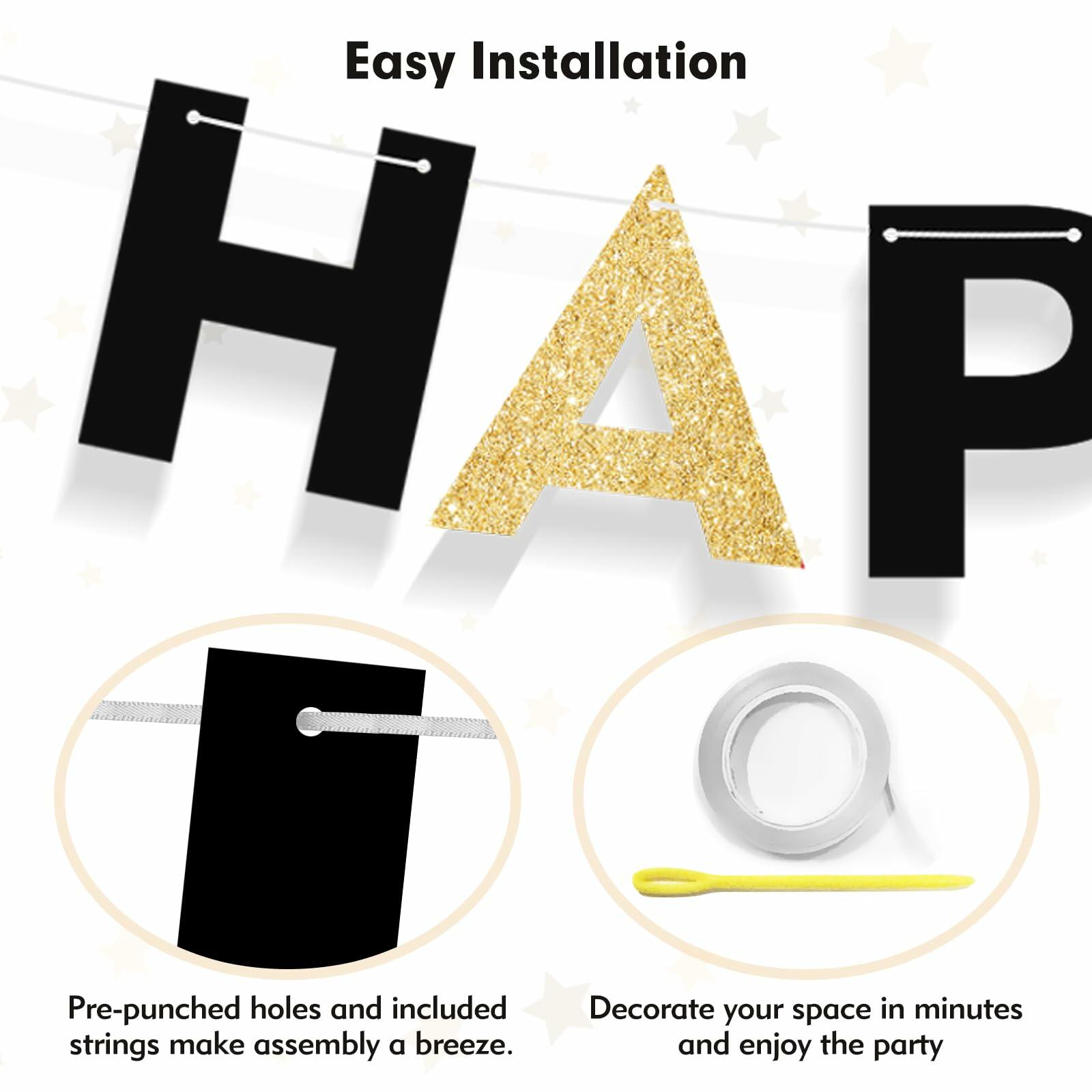 Black and Gold Happy Birthday Banner Pre-Strung Garland for Men Party Decor