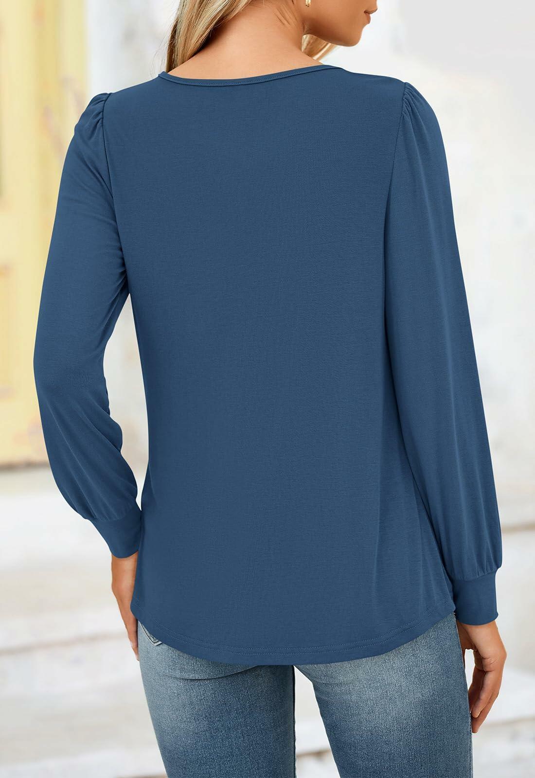 NALANISA Women's Pleated Crew Neck Puff Sleeve Top Blue Grey Size M
