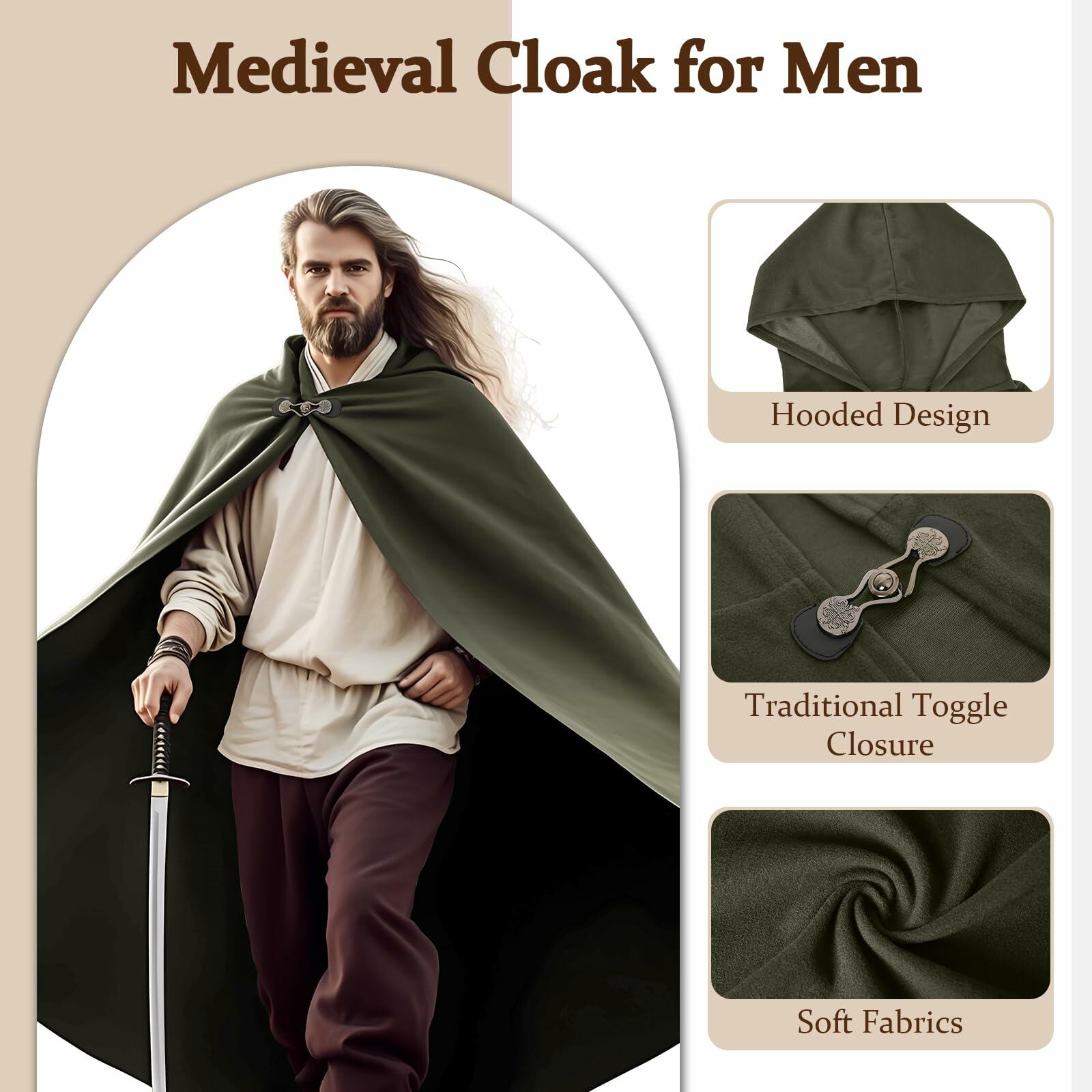 QPAXUCR Medieval Men Renaissance Cloak with Hood Green Leaf Brooch One Size