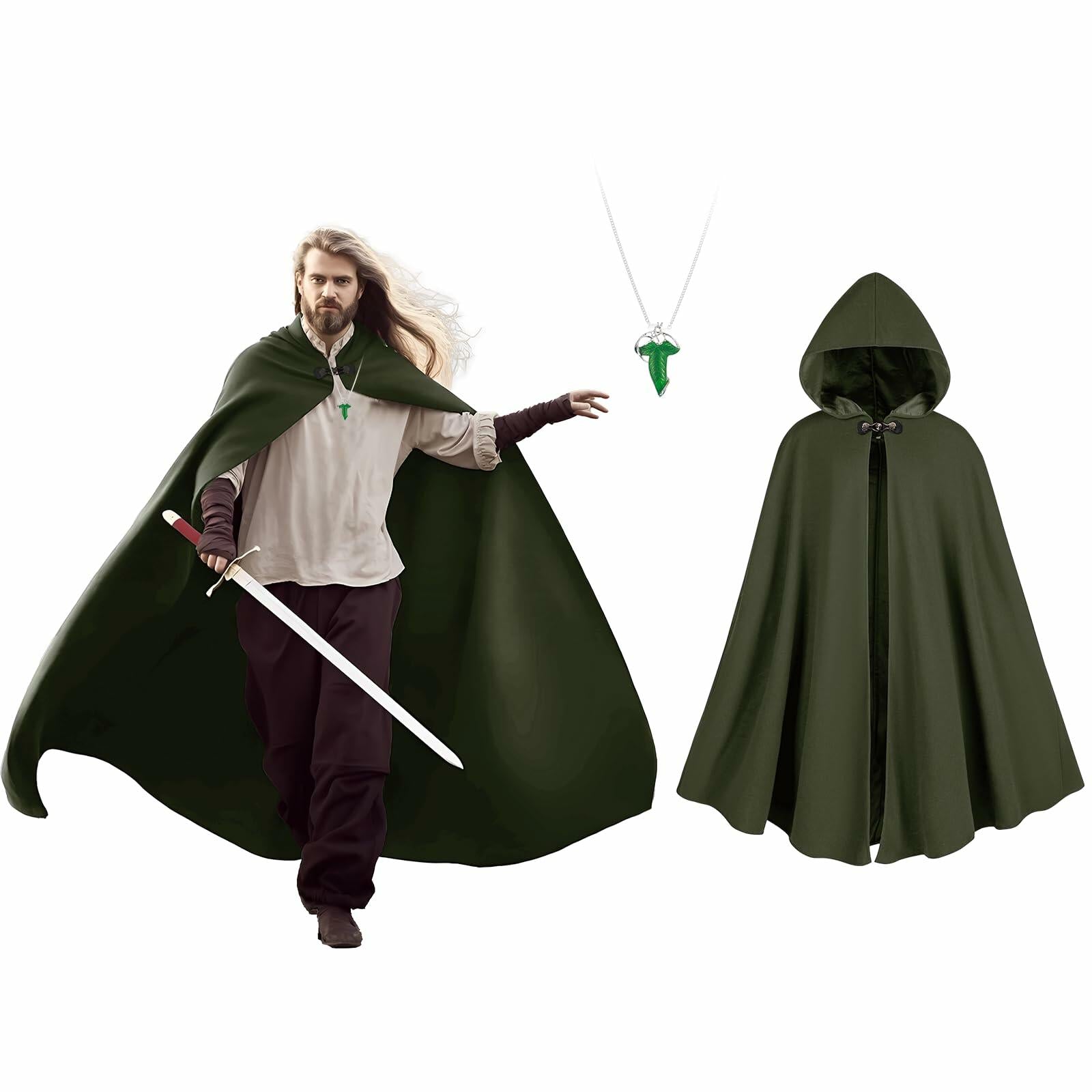 QPAXUCR Medieval Men Renaissance Cloak with Hood Green Leaf Brooch One Size