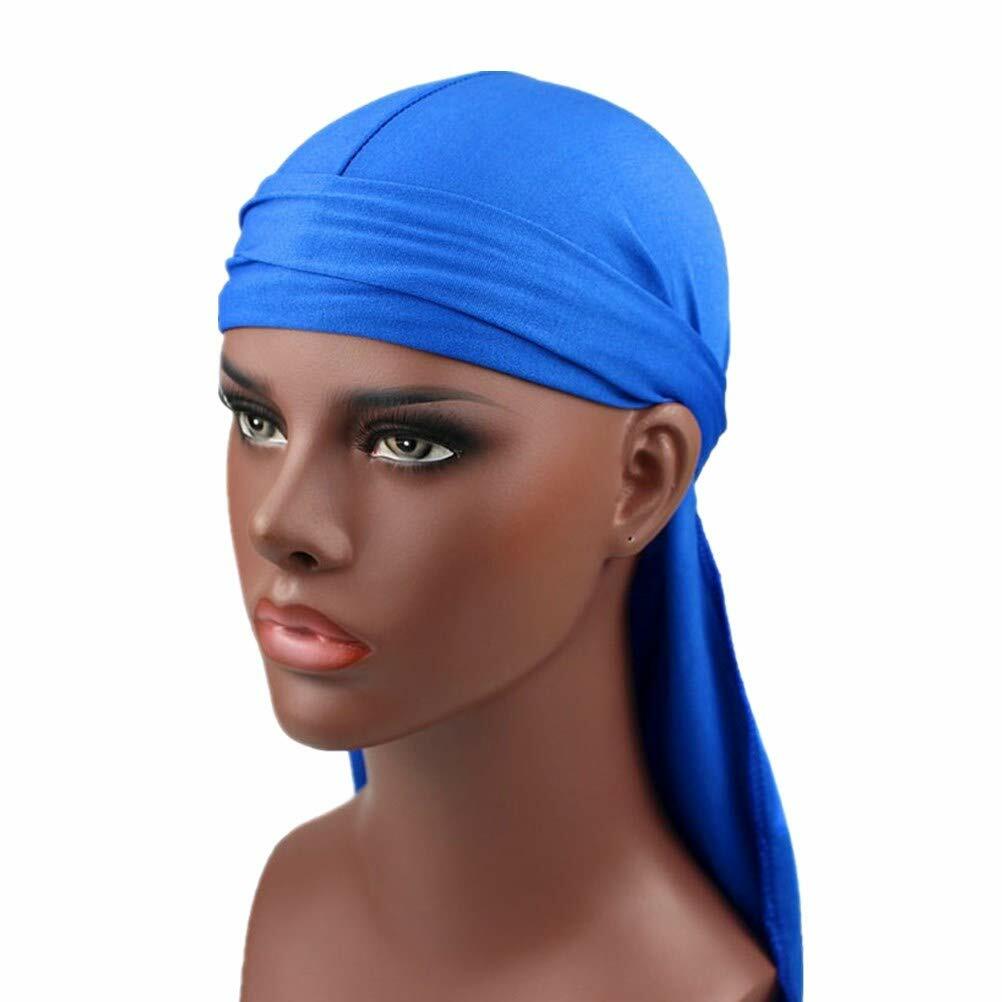 Cotton Stretchable Durag 360 Waves Extra Long Tail Wide Straps Headwrap Blue