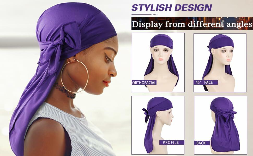 Cotton Stretchable Durag 360 Waves Extra Long Tail Wide Straps Headwrap Blue