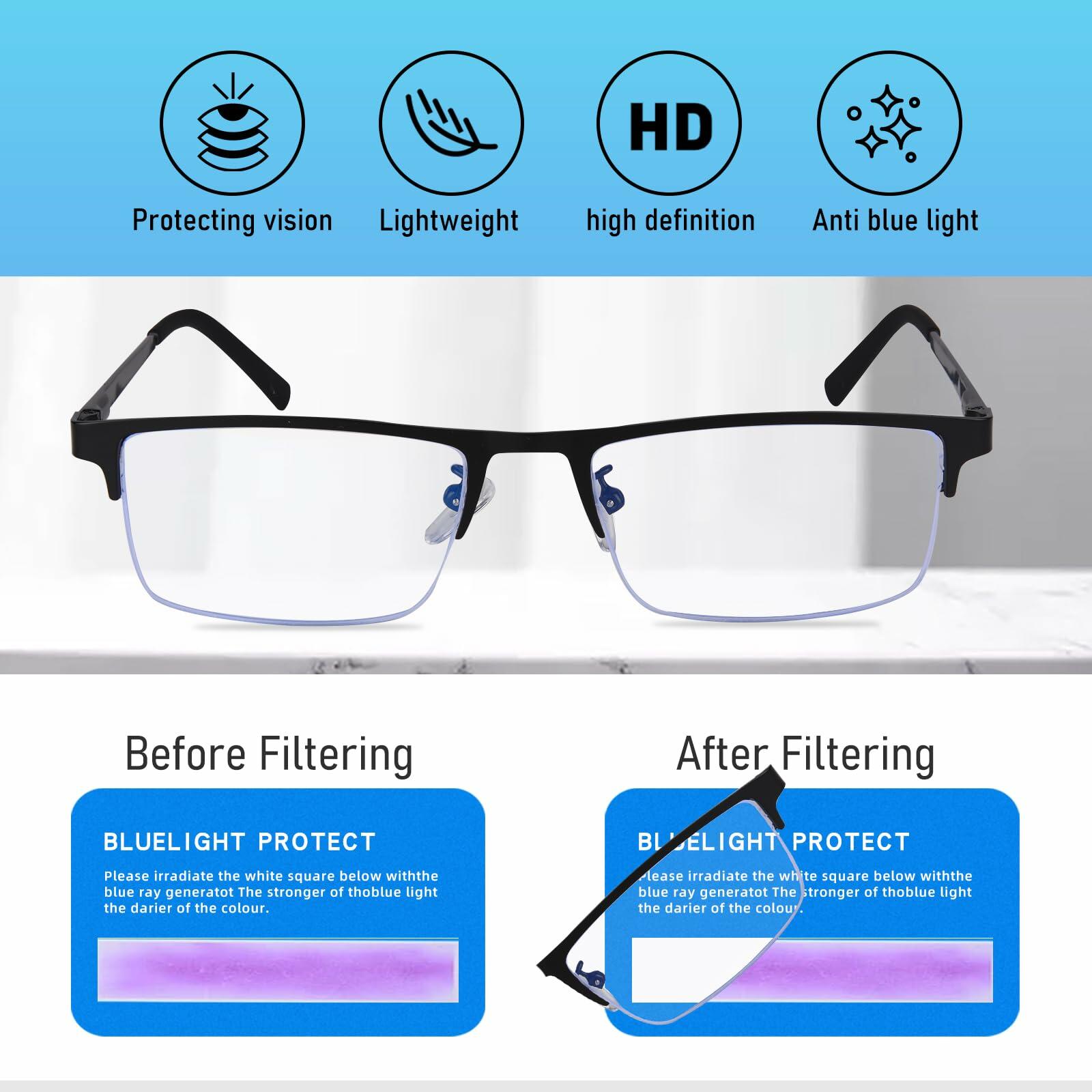 Anourney 3-Pack Men Reading Glasses Metal Half Frame Blue Light Blocking +1.75