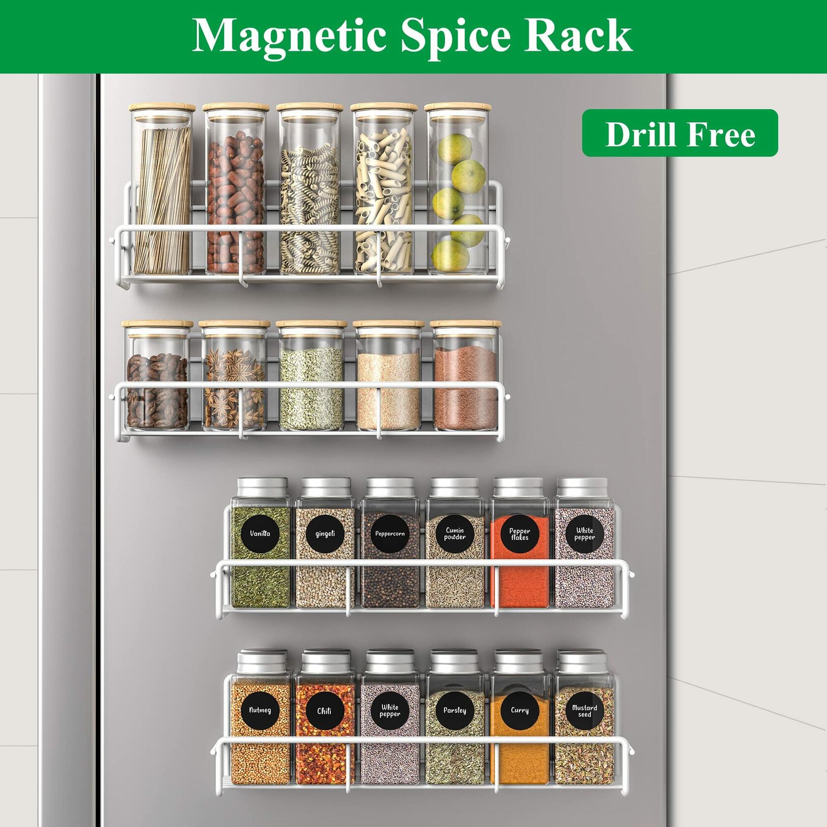 HuggieGems 4 Pack Magnetic Spice Rack Organizer Metal Fridge Shelf White