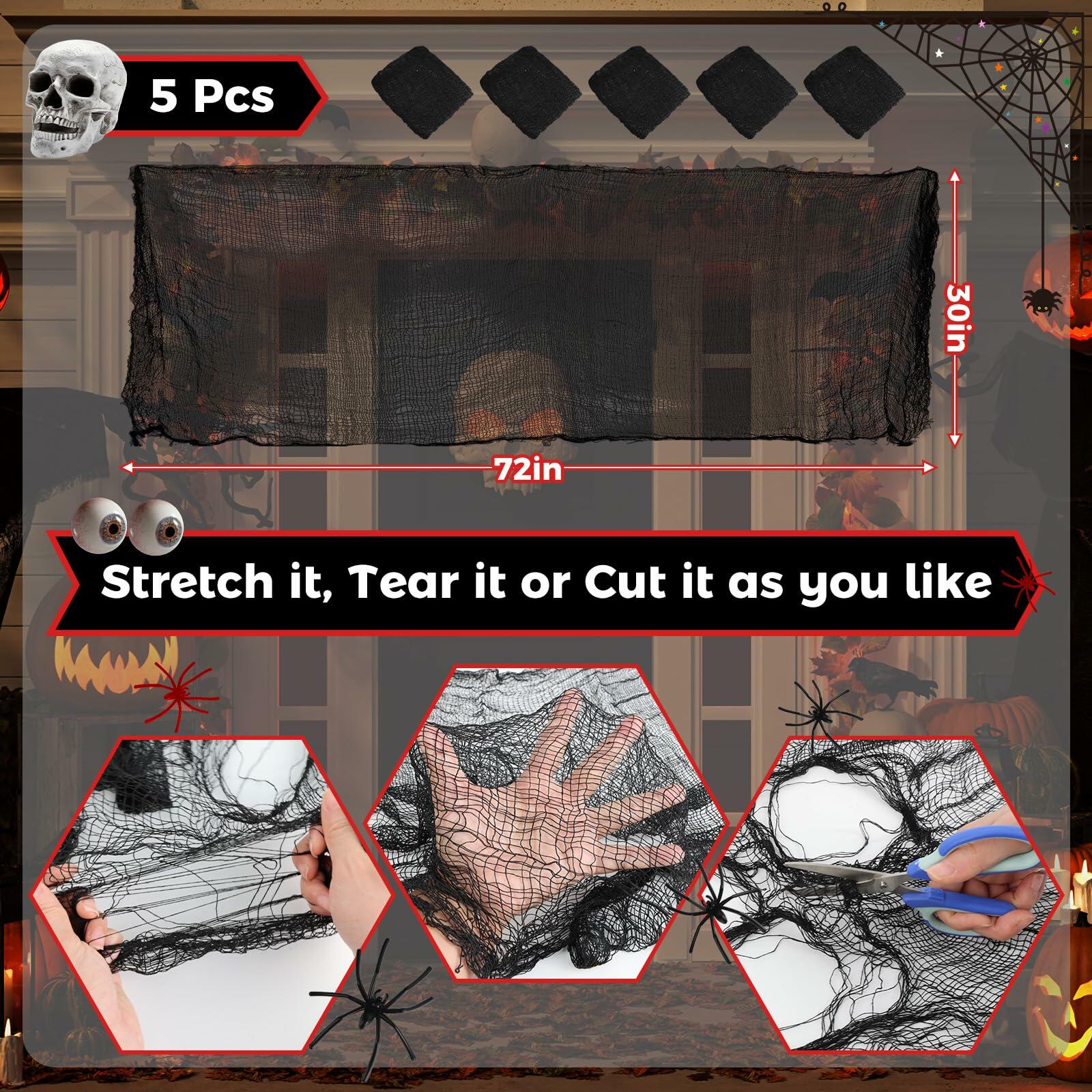 PinCute Halloween Decorations 5 Pack Creepy Cloth 30x72in Black Spider Web