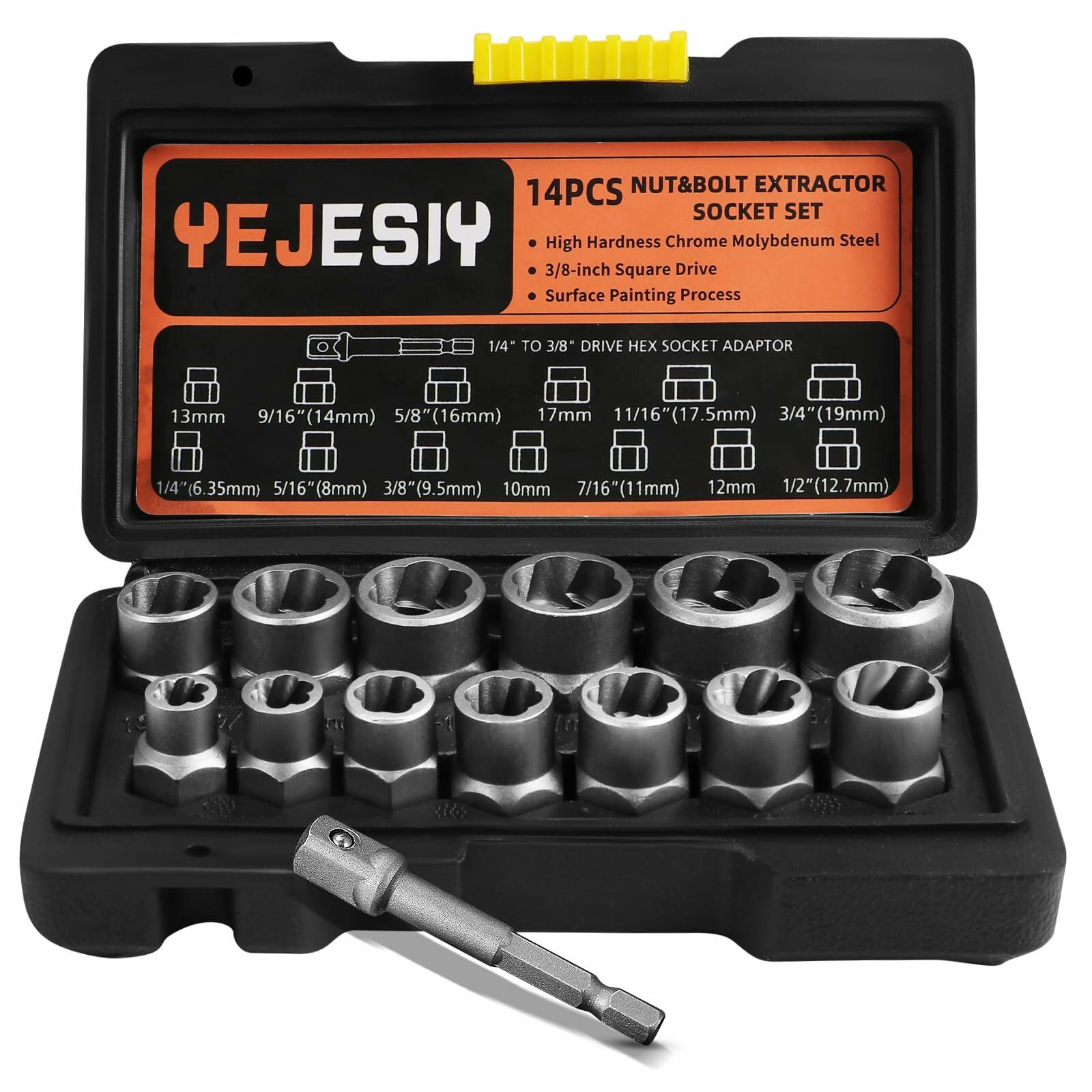 Yejesiy 14PCS Bolt Extractor Kit with 3/8 Inch Adapter Chrome Molybdenum Steel