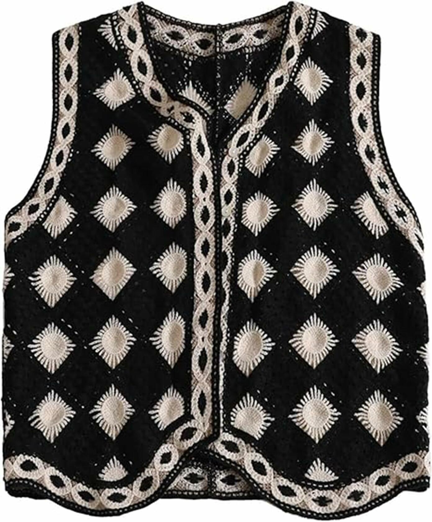 Mluiov Women's Crochet Button Up Sweater Vest Checkered Knit Black