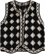 Mluiov Women's Crochet Button Up Sweater Vest Checkered Knit Black