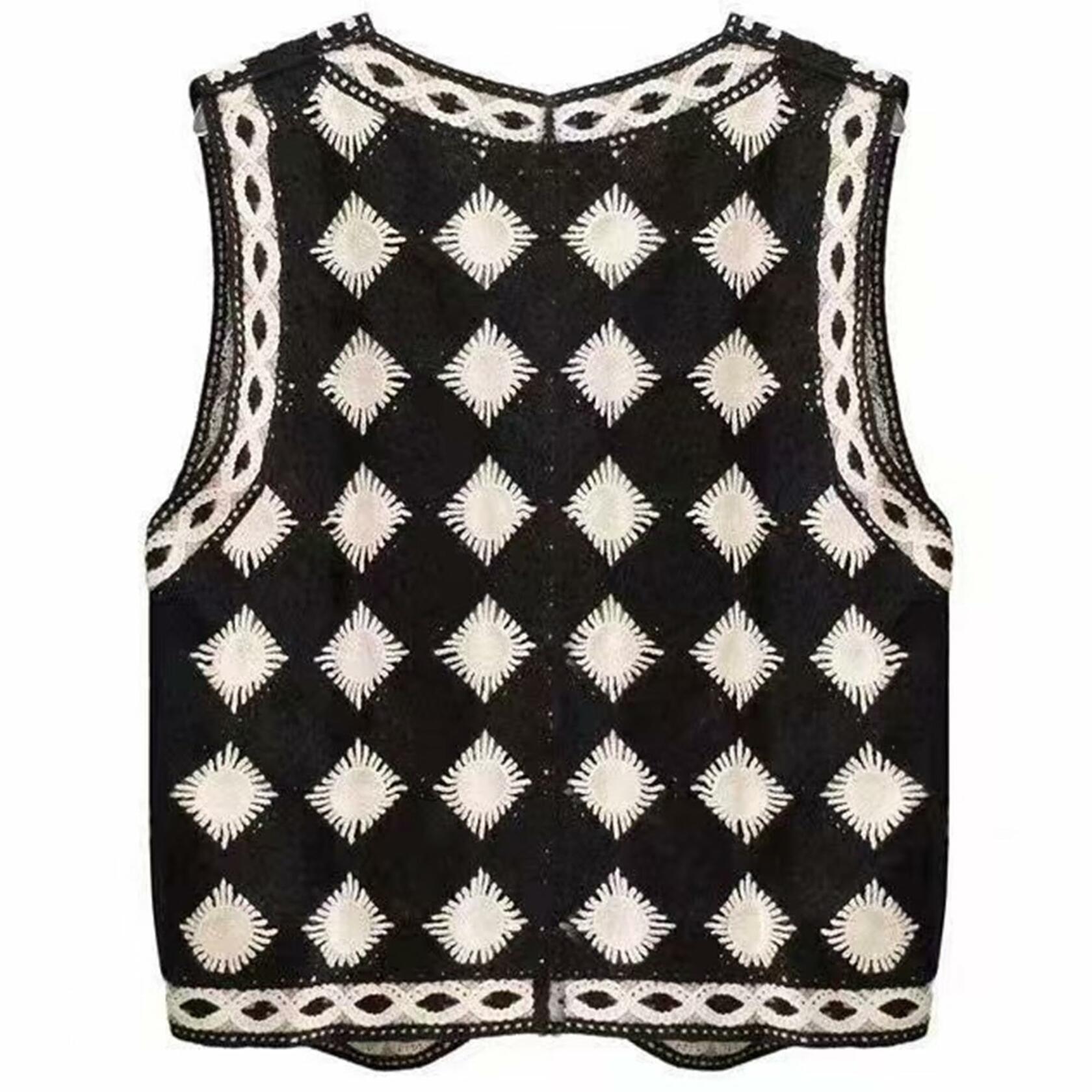 Mluiov Women's Crochet Button Up Sweater Vest Checkered Knit Black