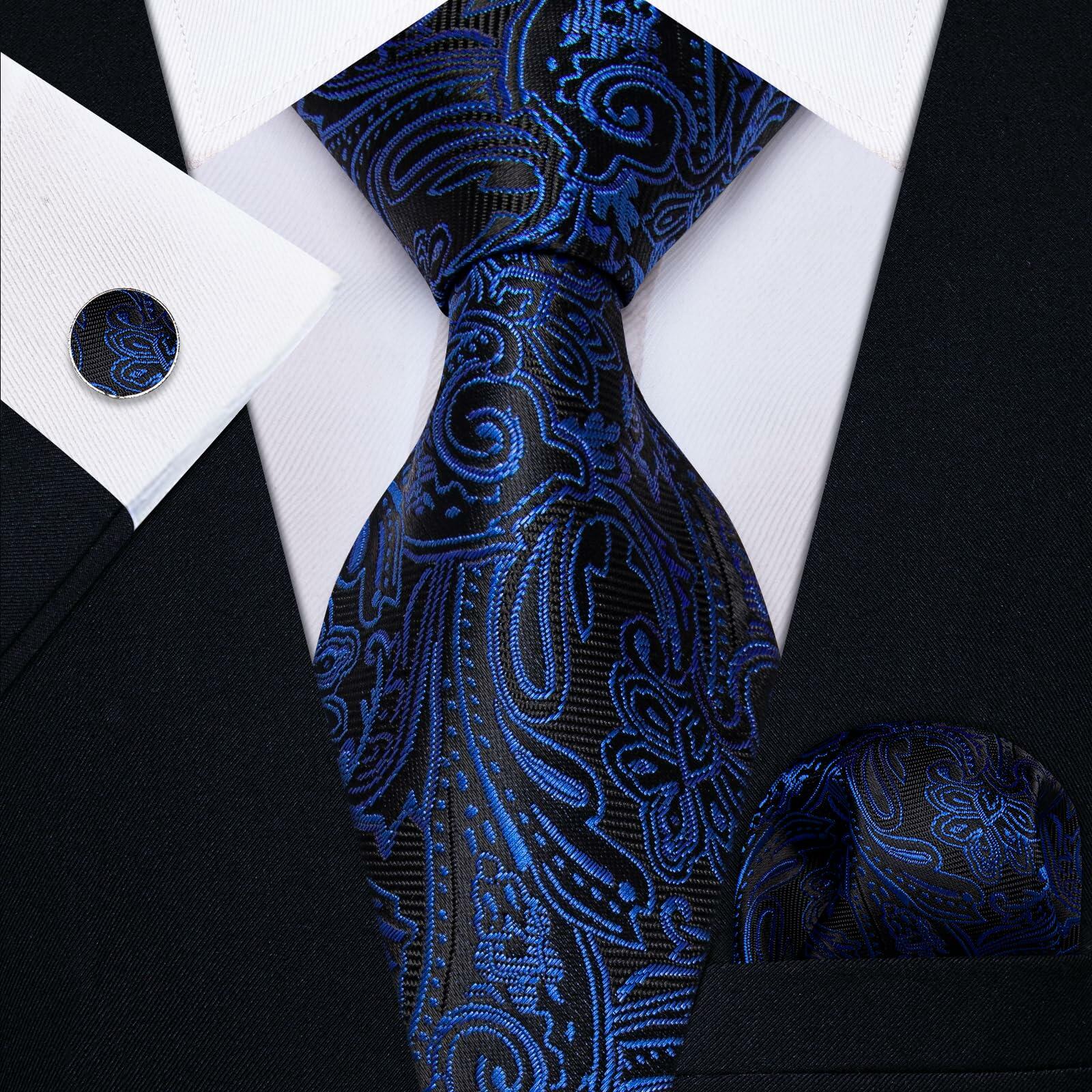 YourTies Mens Blue Silk Paisley Tie Set Necktie Pocket Square Clip Cufflinks