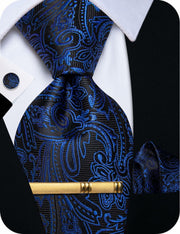 YourTies Mens Blue Silk Paisley Tie Set Necktie Pocket Square Clip Cufflinks