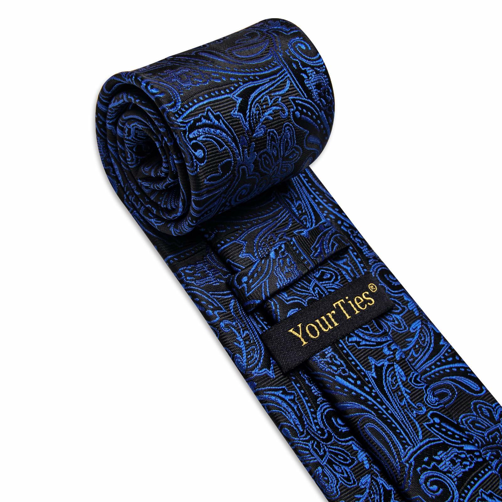 YourTies Mens Blue Silk Paisley Tie Set Necktie Pocket Square Clip Cufflinks