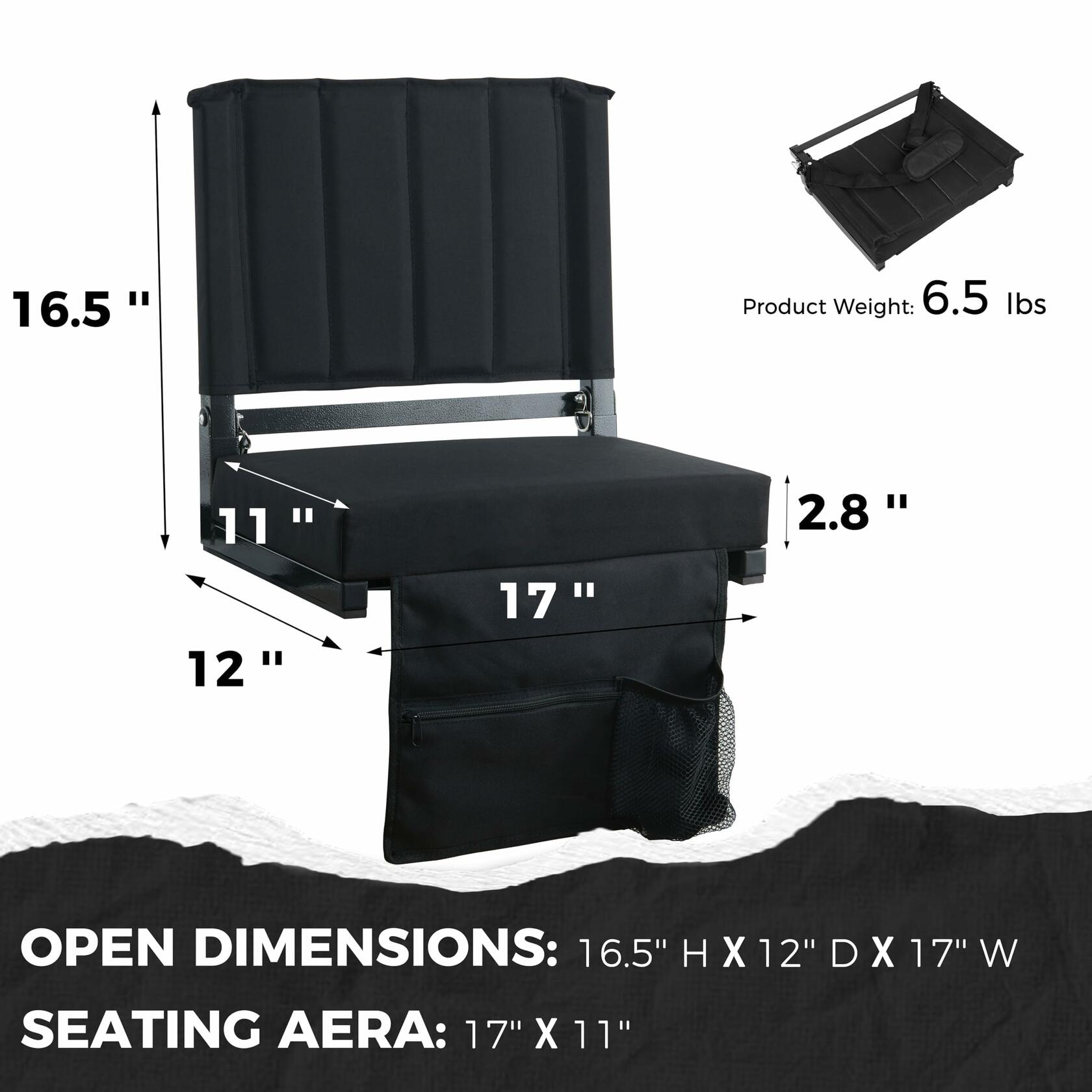 SPORT BEATS Stadium Seat with Back Support Black 17"W x 12"D x 16.5"H 1pc