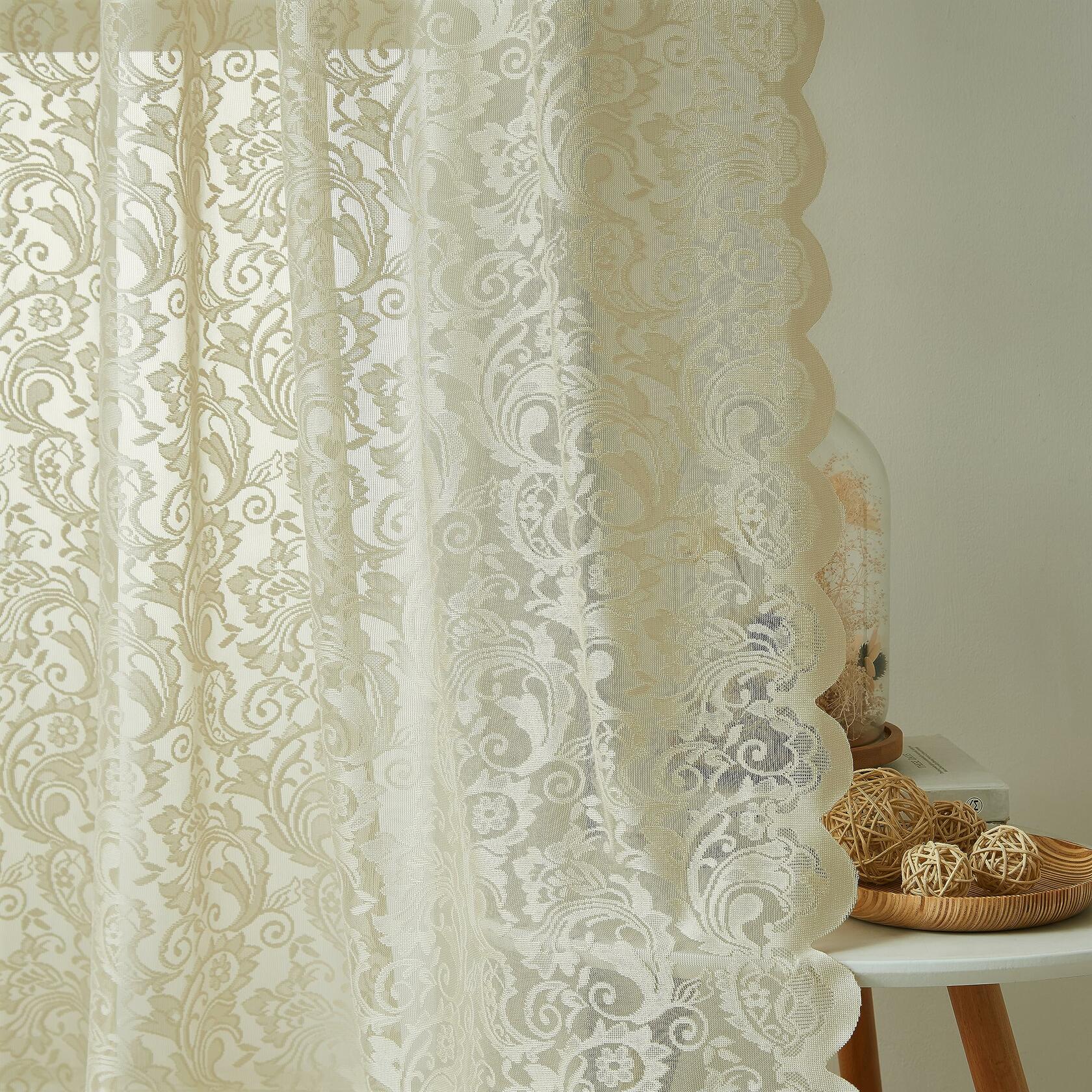Bujasso Beige Lace Sheer Curtains 54x108 inch 2 Panels Floral Rod Pocket