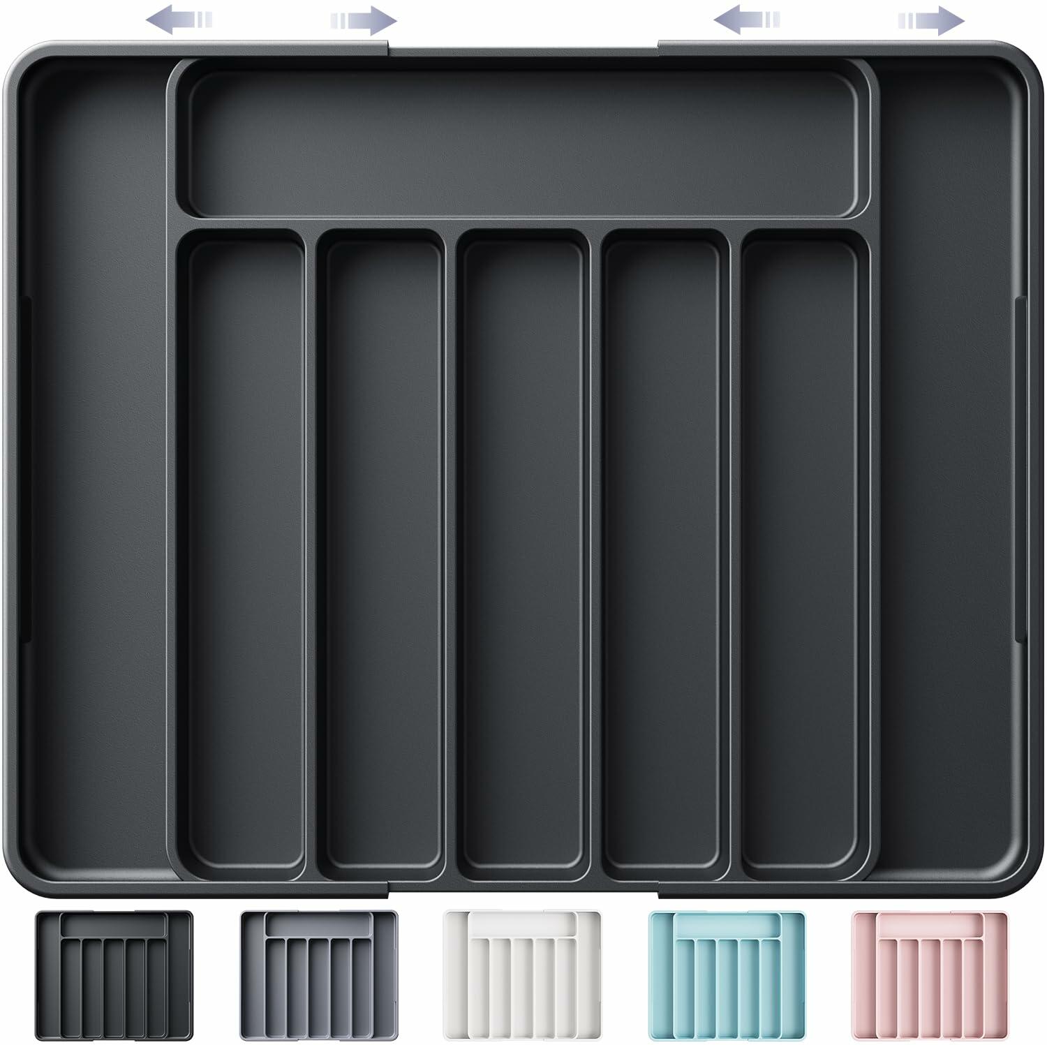 Kitsure Adjustable Cutlery Drawer Organizer Tray 7 Compartments Black