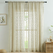Bujasso Beige Lace Sheer Curtains 54x108 inch 2 Panels Floral Rod Pocket