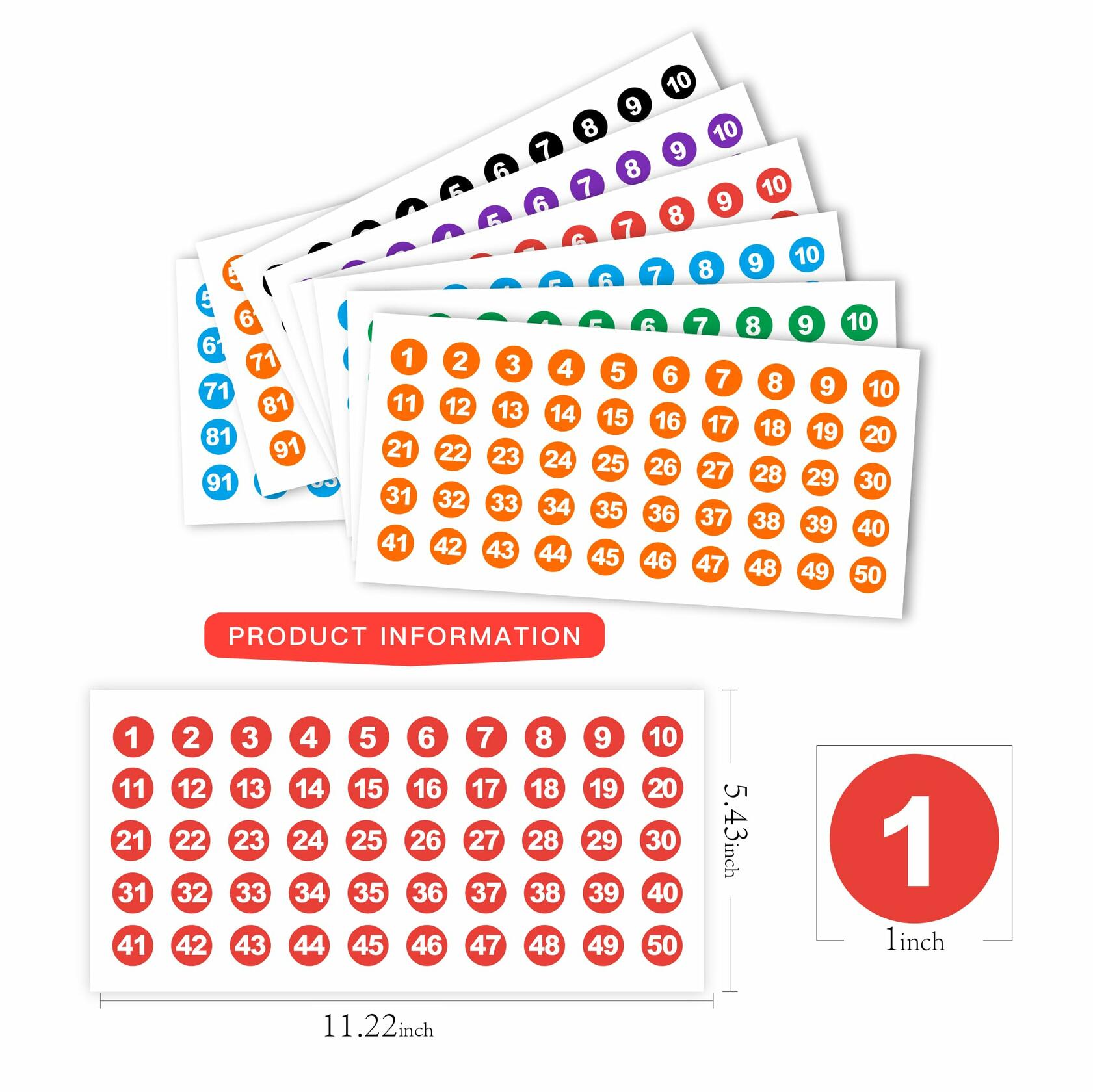 Tamoxu Number Stickers 1-100 Vinyl Waterproof 24 Sheets 1200Pcs Labels