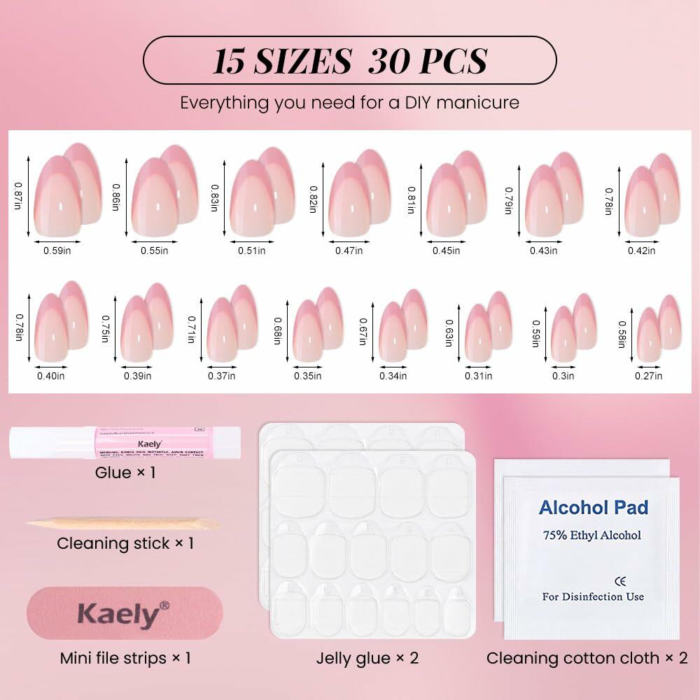 XZMeiLun Rose Pink French Tip Press On Nails Short Almond 30 Pcs