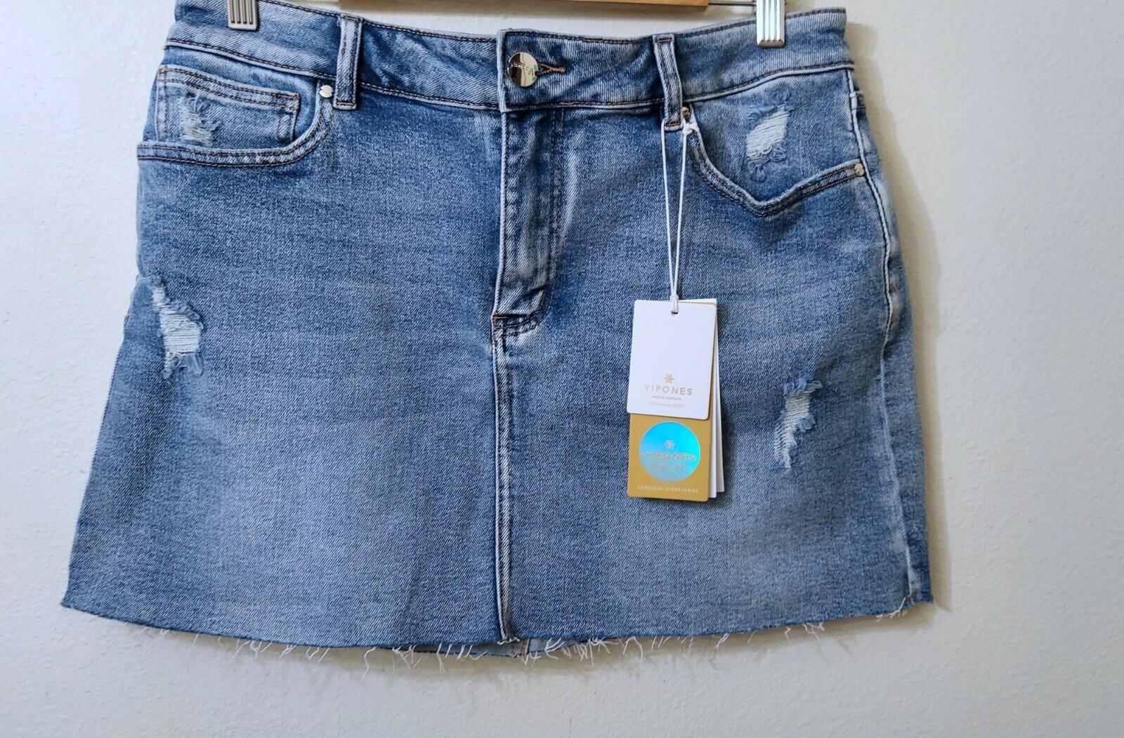 Vipones Mini Blue Distressed Frayed Denim Jean Skirt Size 12