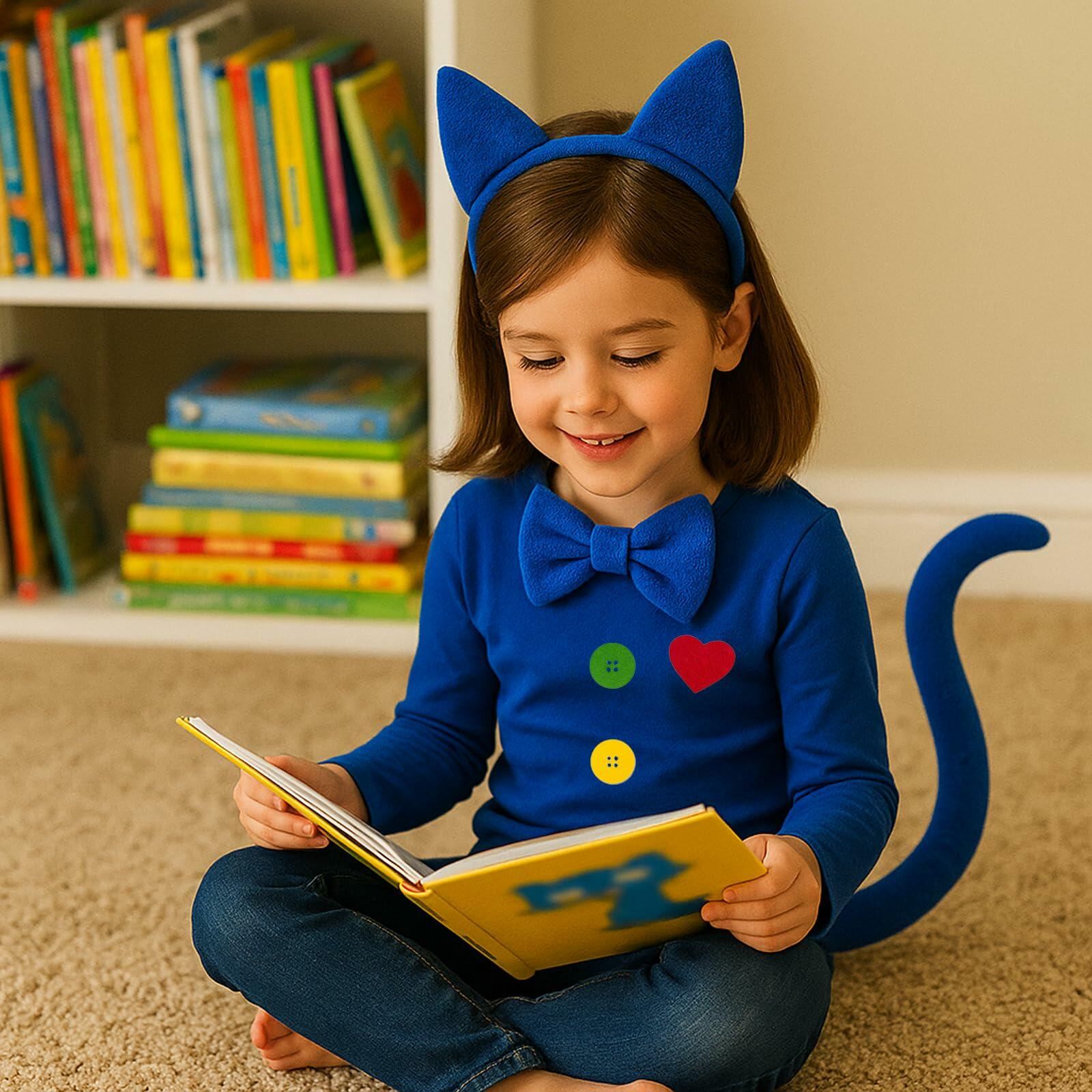 Bonviv Blue Cat Costume Set Ears Bow Tie Tail Kids Adults Halloween