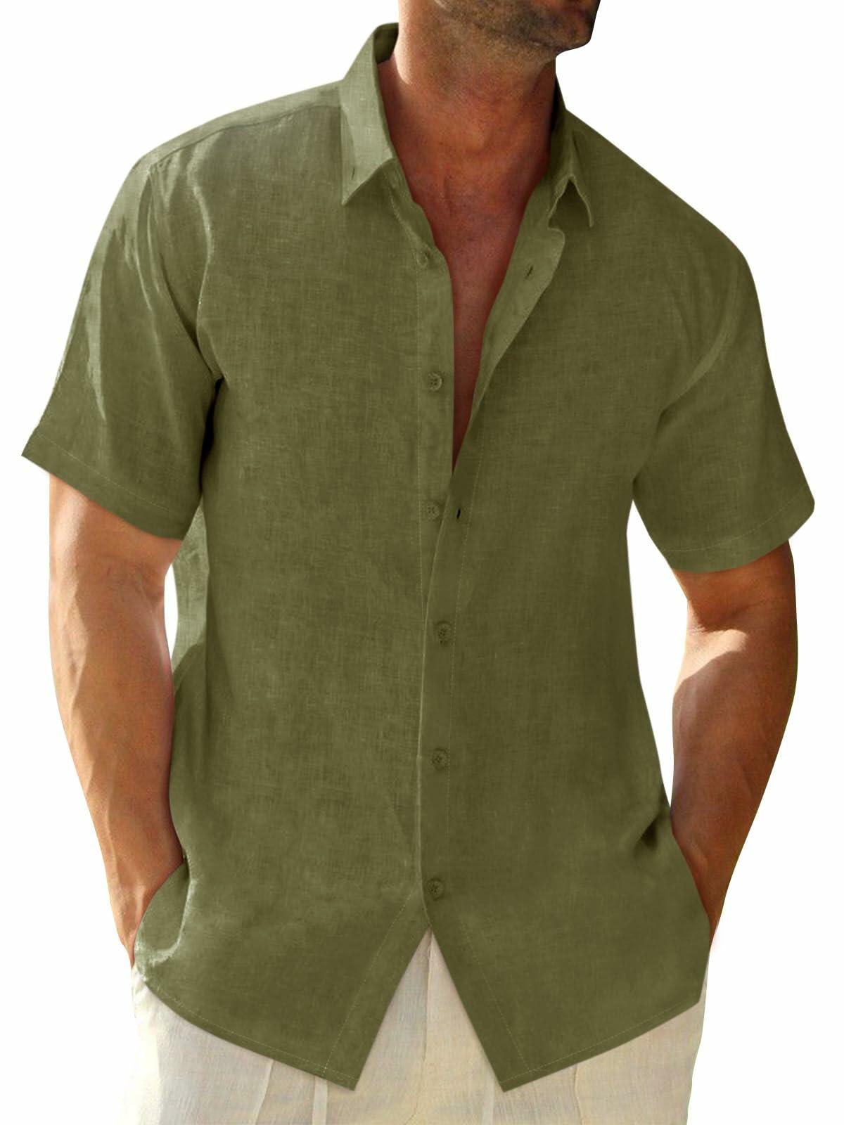 Runcati Mens Linen Button Down Shirt Short Sleeve Casual Summer Beige