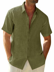 Runcati Mens Linen Button Down Shirt Short Sleeve Casual Summer Beige