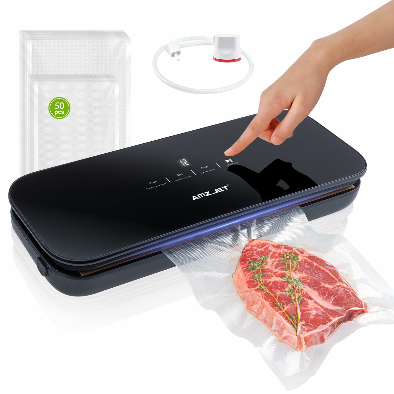 Amz Jet Vacuum Sealer Food LED Touch Digital Display Tempered Glass Black 50Bags