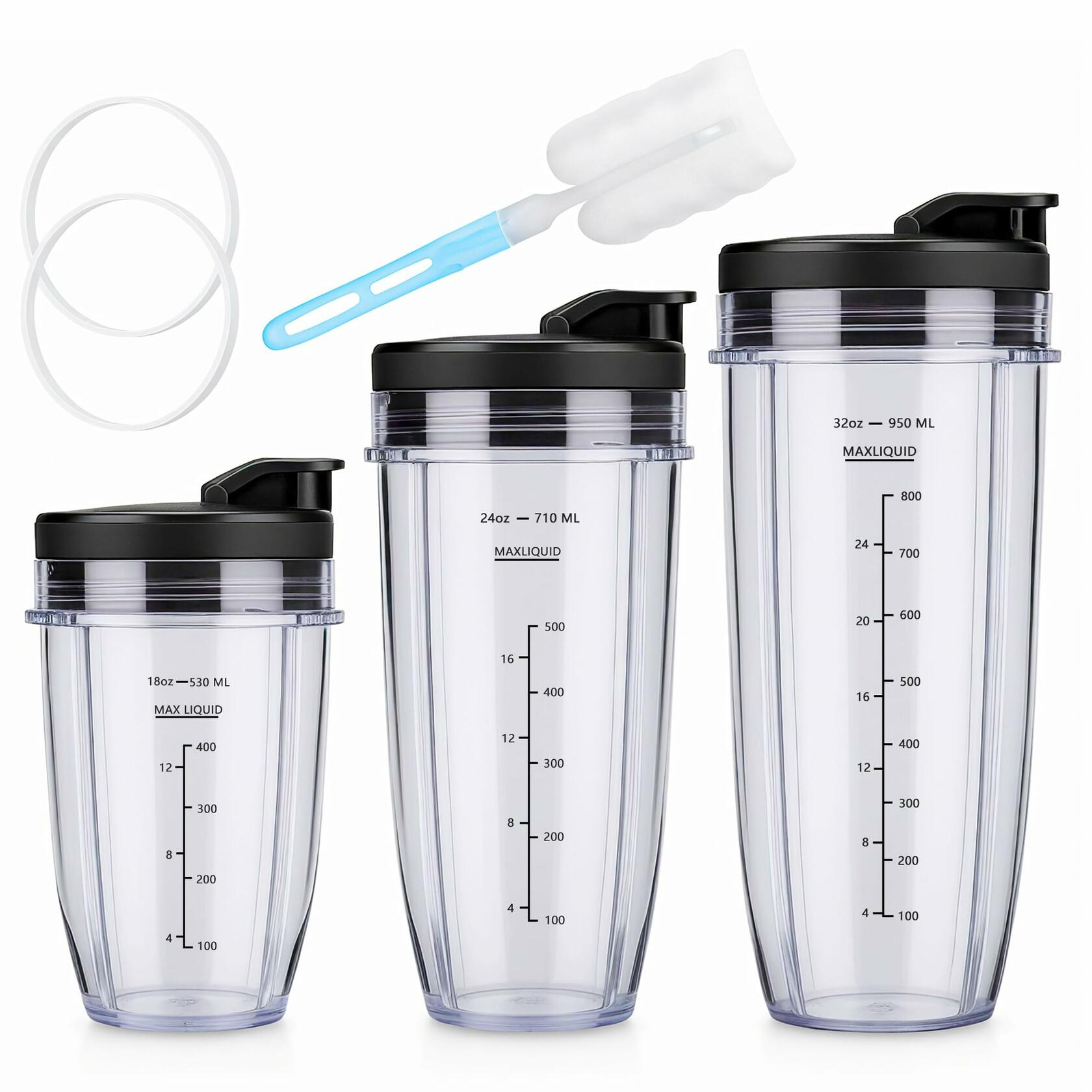Revorit Ninja Blender Replacement 24oz Cups Kit Sip Seal Lids Black