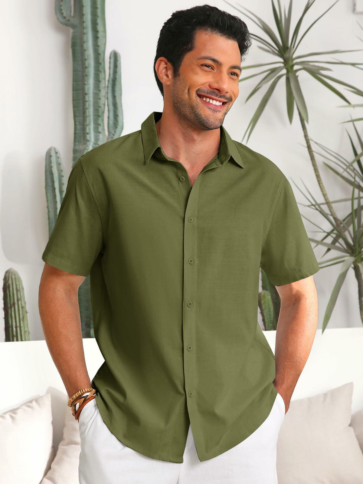 Runcati Mens Linen Button Down Shirt Short Sleeve Casual Summer Beige