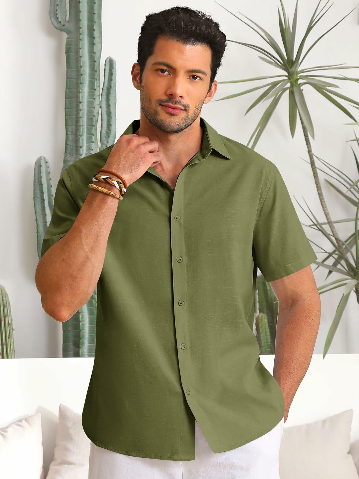Runcati Mens Linen Button Down Shirt Short Sleeve Casual Summer Beige