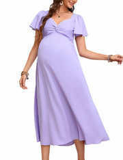 KOJOOIN Maternity Dress Ruffle V Neck Twist Front Purple Size M