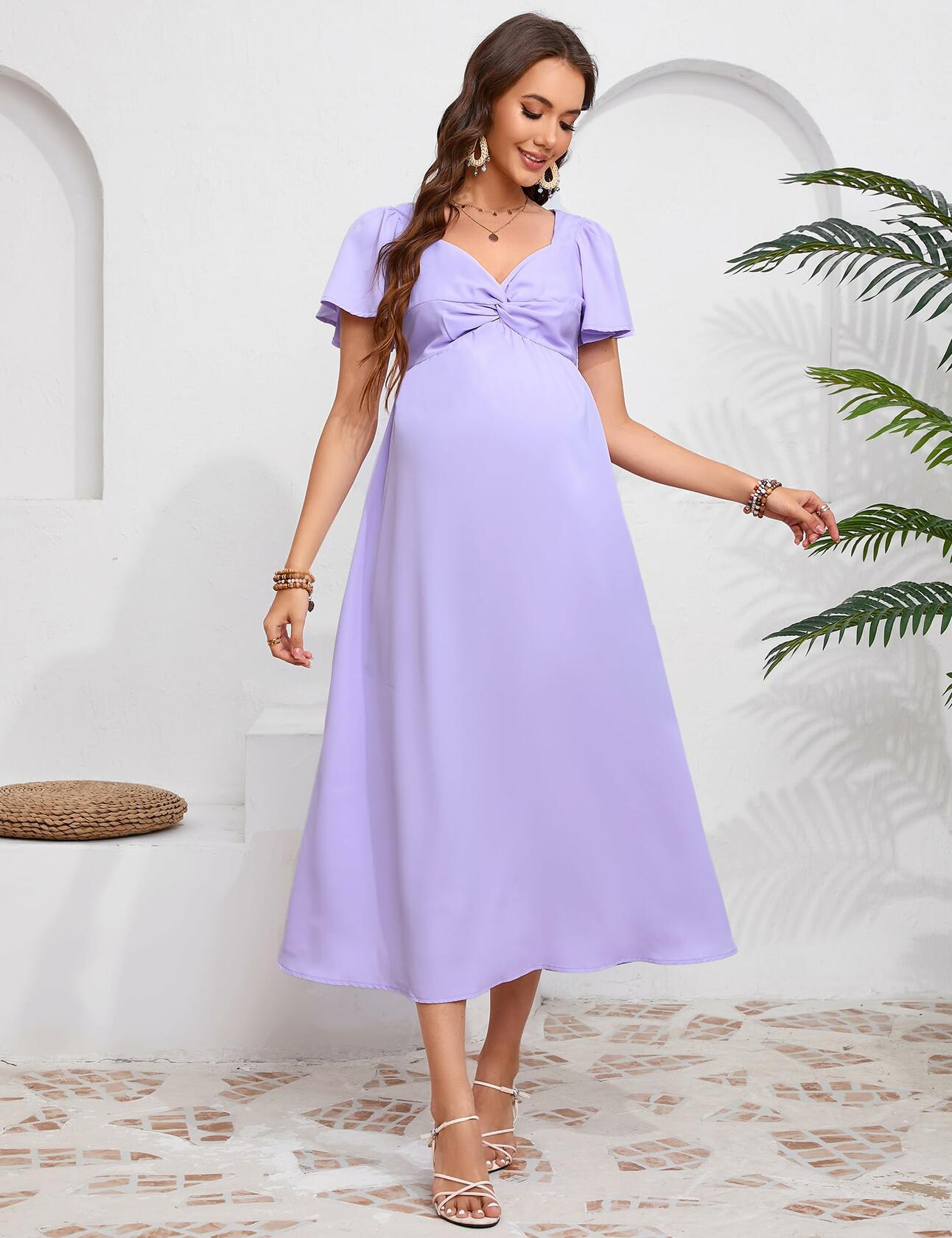 KOJOOIN Maternity Dress Ruffle V Neck Twist Front Purple Size M