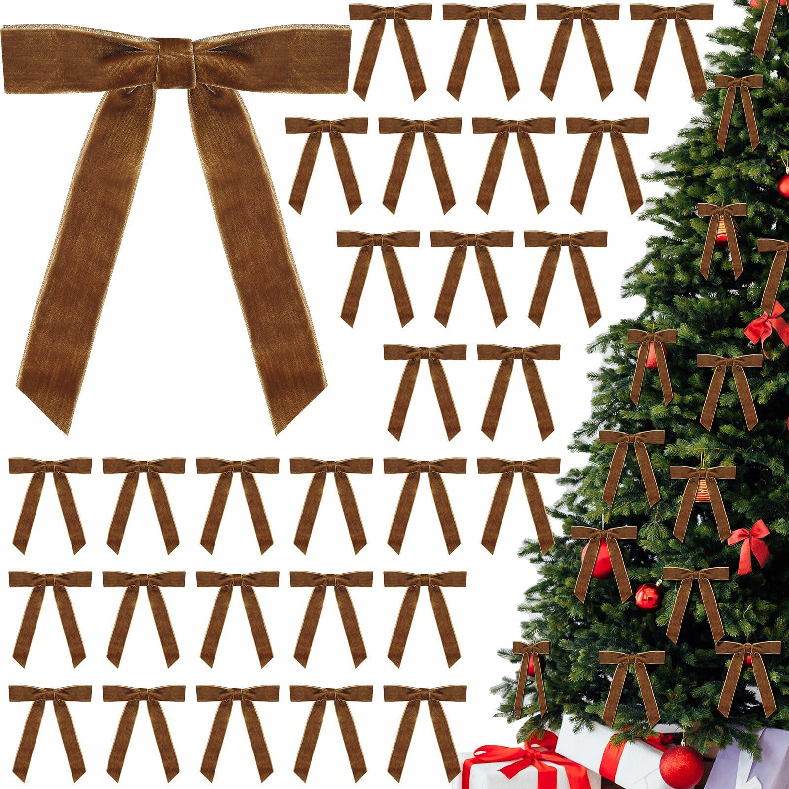 BeapTcely 30 Pcs Velvet Christmas Wreath Bows 5x7in Camel 1" Width